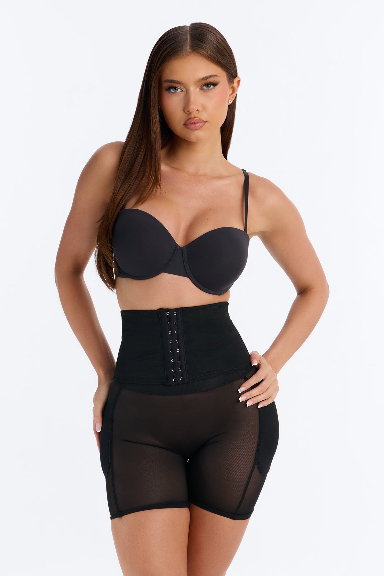 High Waisted Hip & Butt Padded Mesh Shapewear Shorts - Black image 2