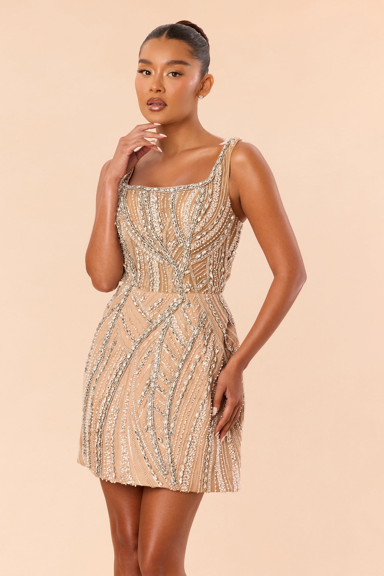 All Glamour A Line Embellished Mini Dress - Nude image 2