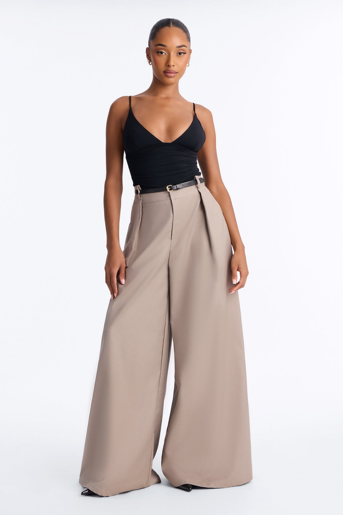 Steph Step Waistband Belted Wide Leg Trouser - Taupe image 5