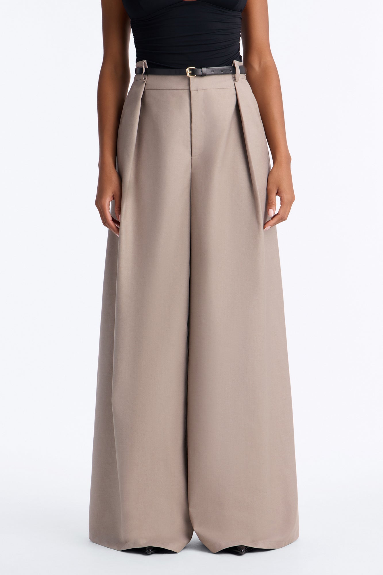 Steph Step Waistband Belted Wide Leg Trouser - Taupe image 6