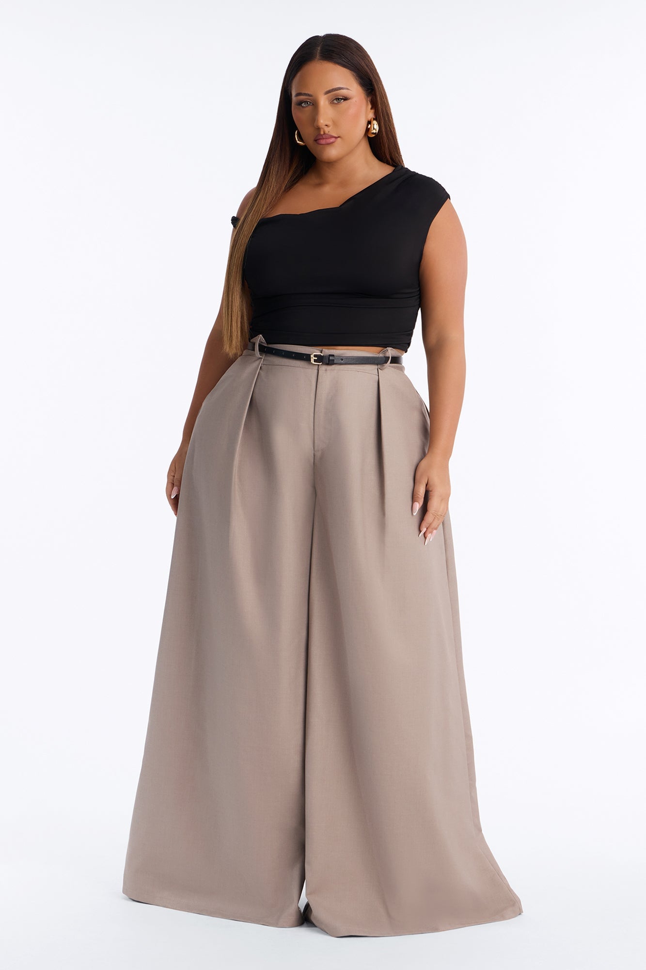 Steph Step Waistband Belted Wide Leg Trouser - Taupe image 1