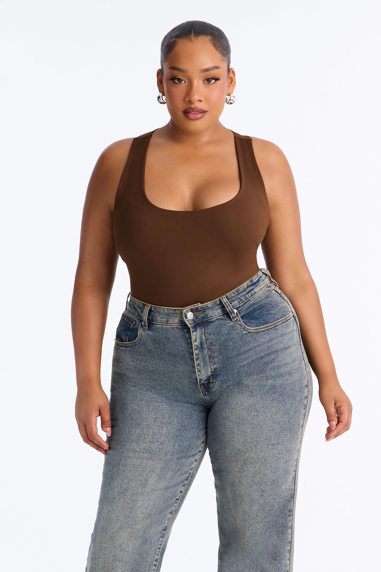 Sarafiena Double Lined Scoop Neck Bodysuit - Chocolate image 5