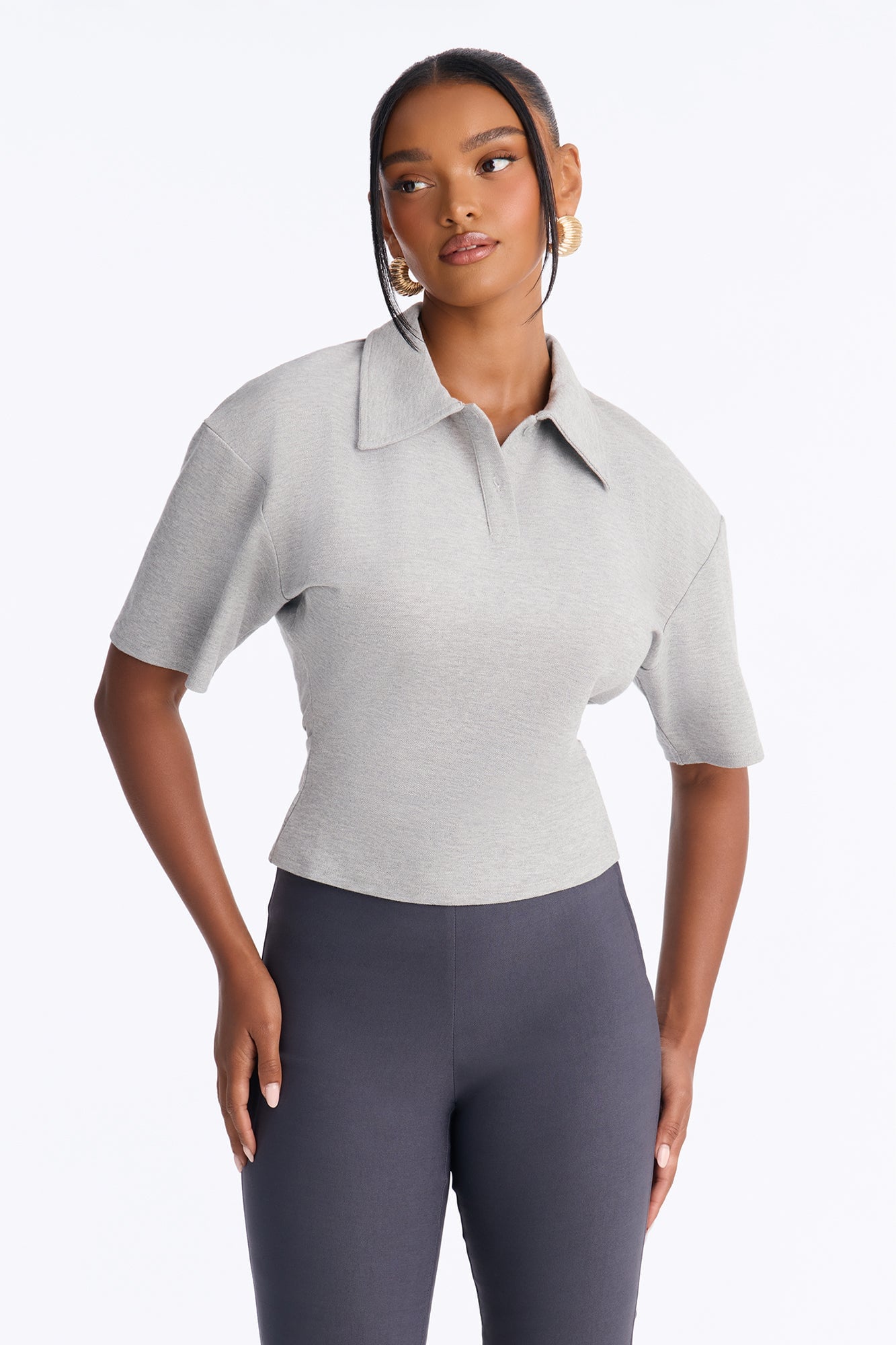 Street Serve Cinched Short Sleeve Polo Top - Heather Grey image 6