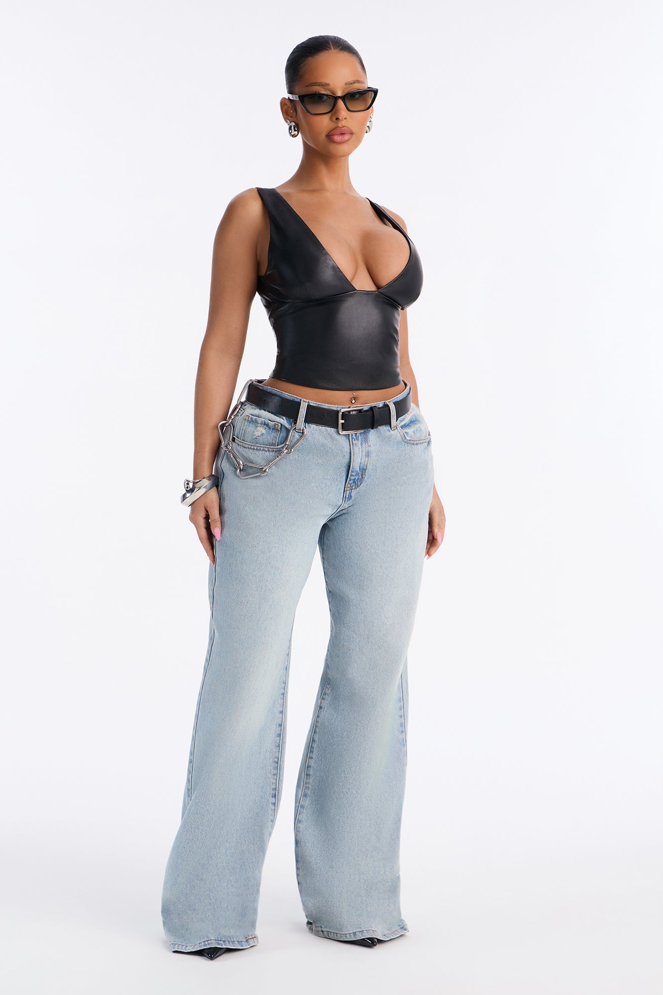 My Favorite Deep V Neck Faux Leather Sleeveless Top - Black image 6