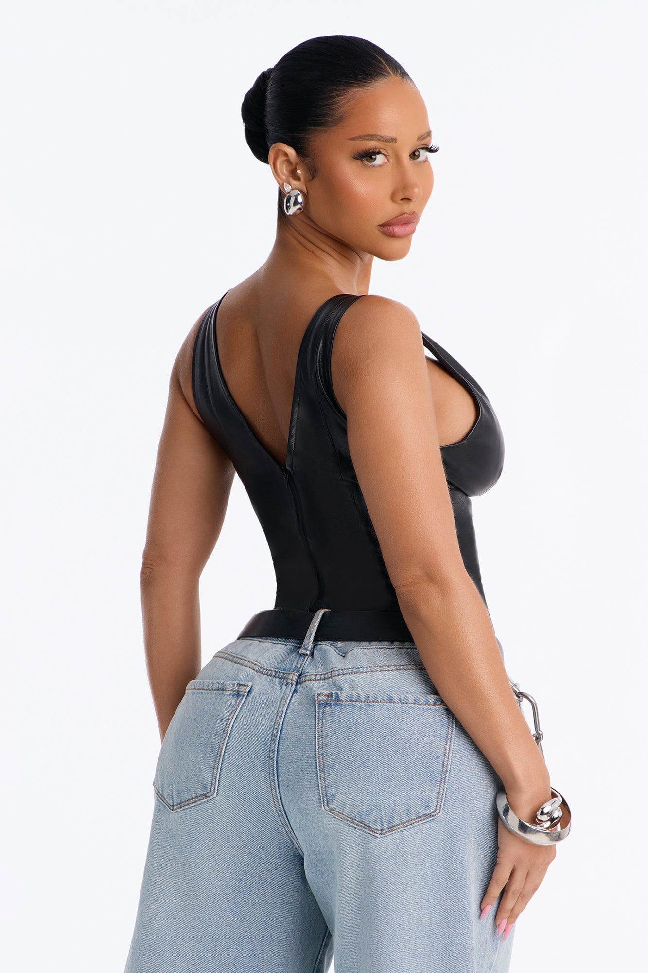My Favorite Deep V Neck Faux Leather Sleeveless Top - Black image 8