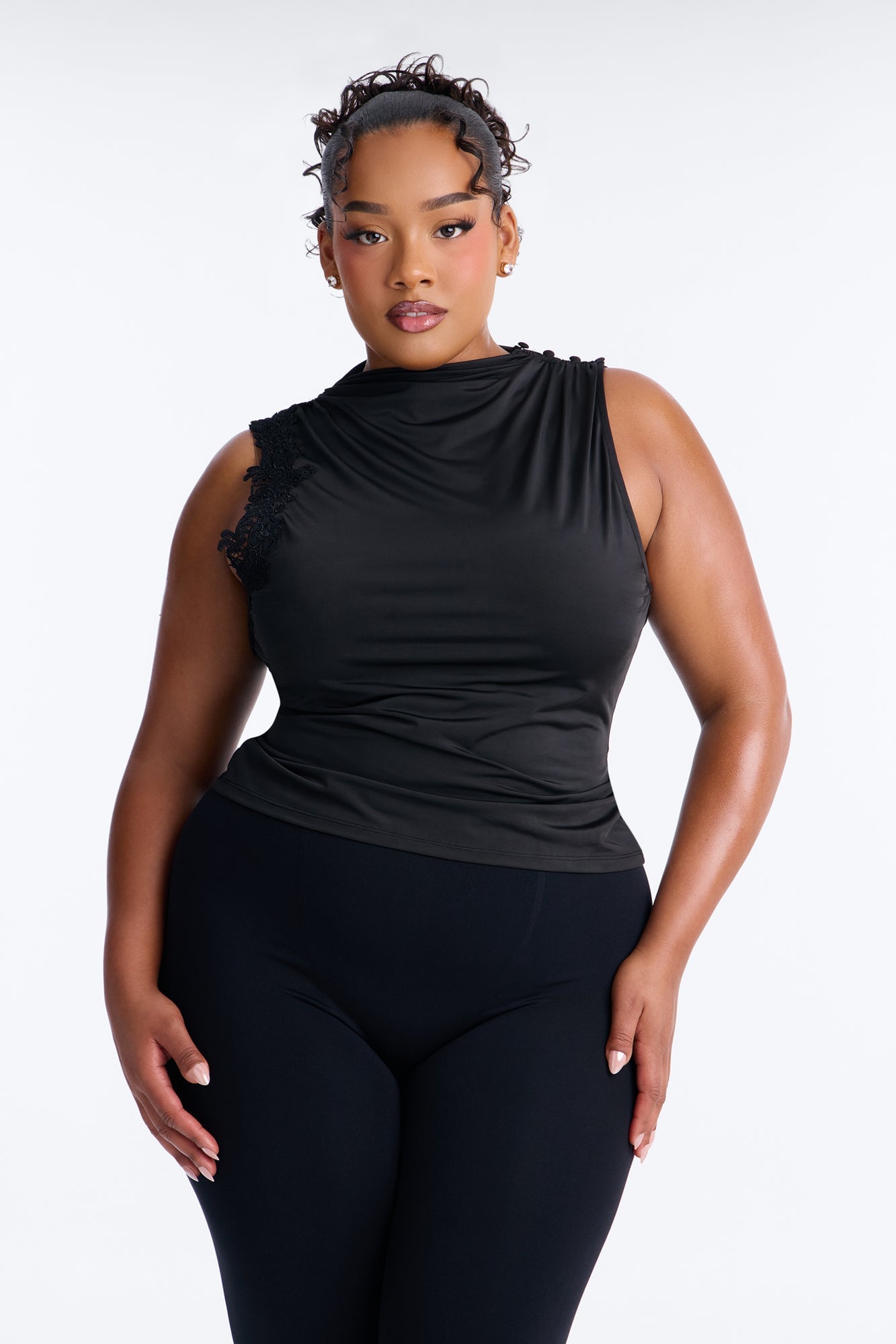 Talia Lace Trim Mock Neck Sleeveless Top - Black image 2