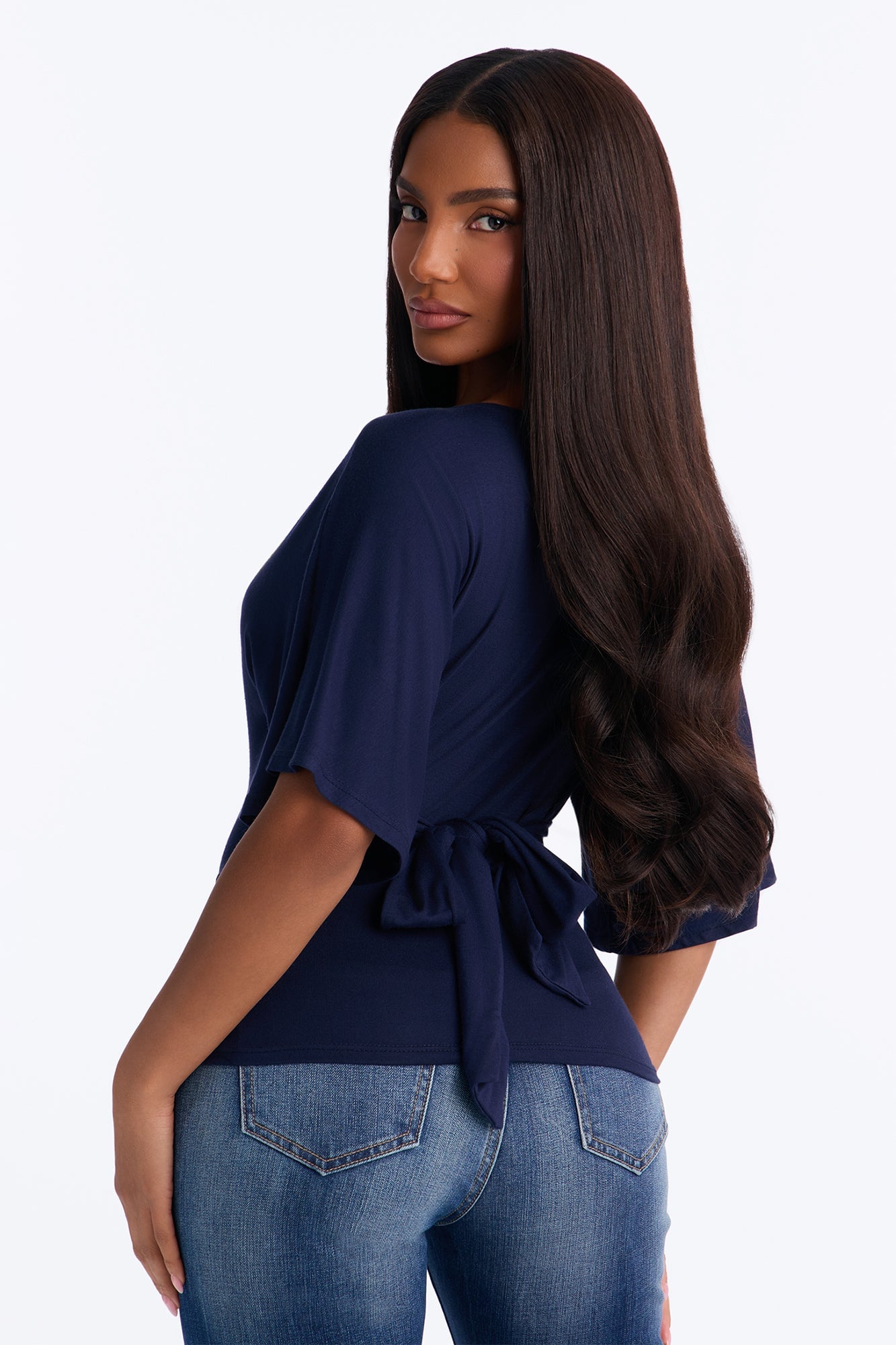 Nicolette Tie Waist Short Sleeve Top - Navy image 8