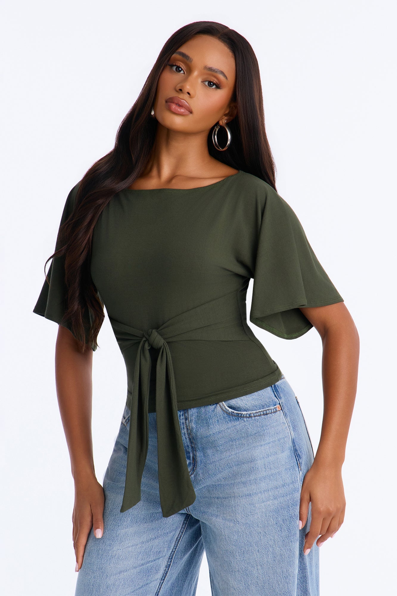 Nicolette Tie Waist Short Sleeve Top - Olive image 5