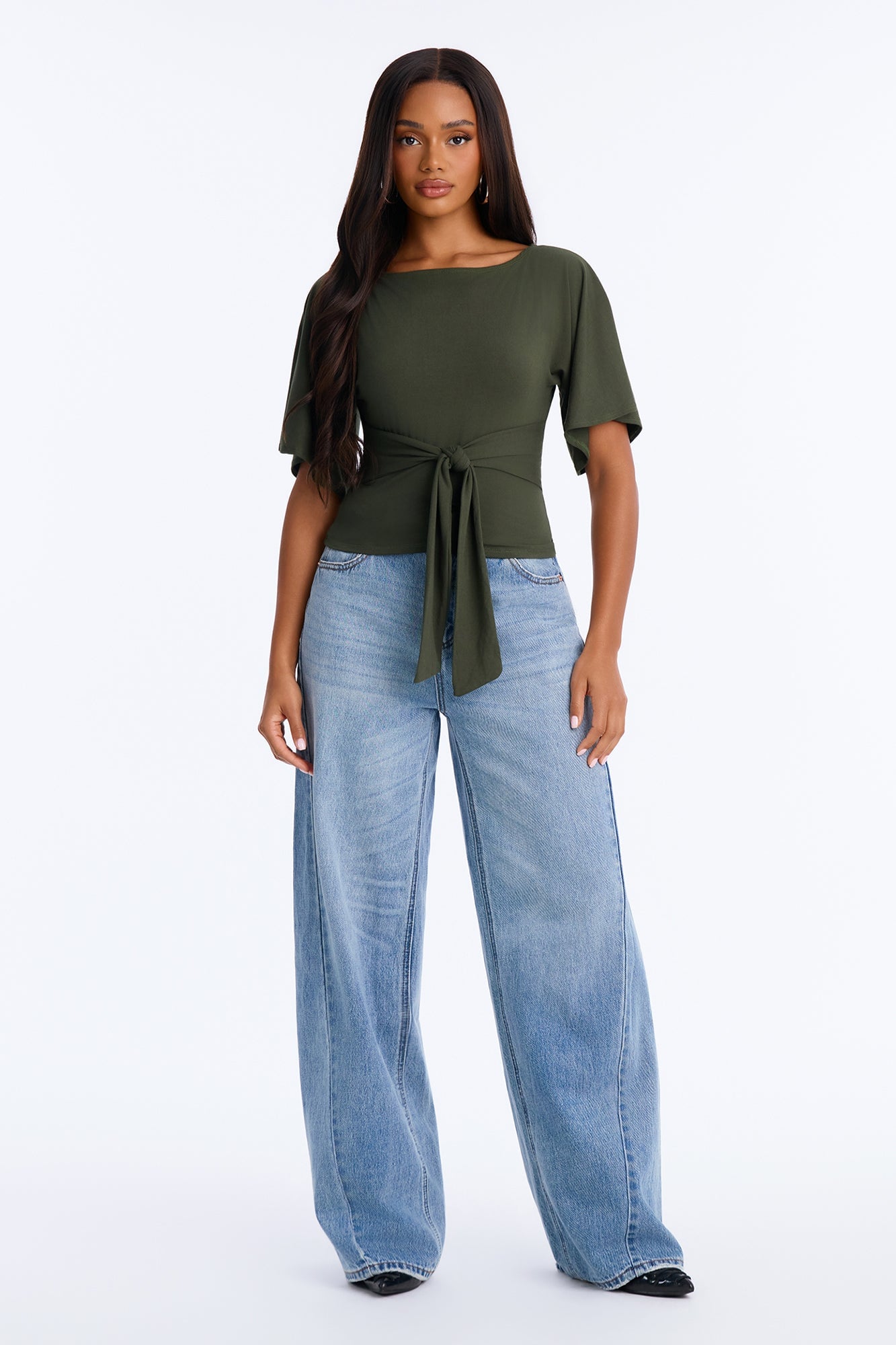 Nicolette Tie Waist Short Sleeve Top - Olive image 6