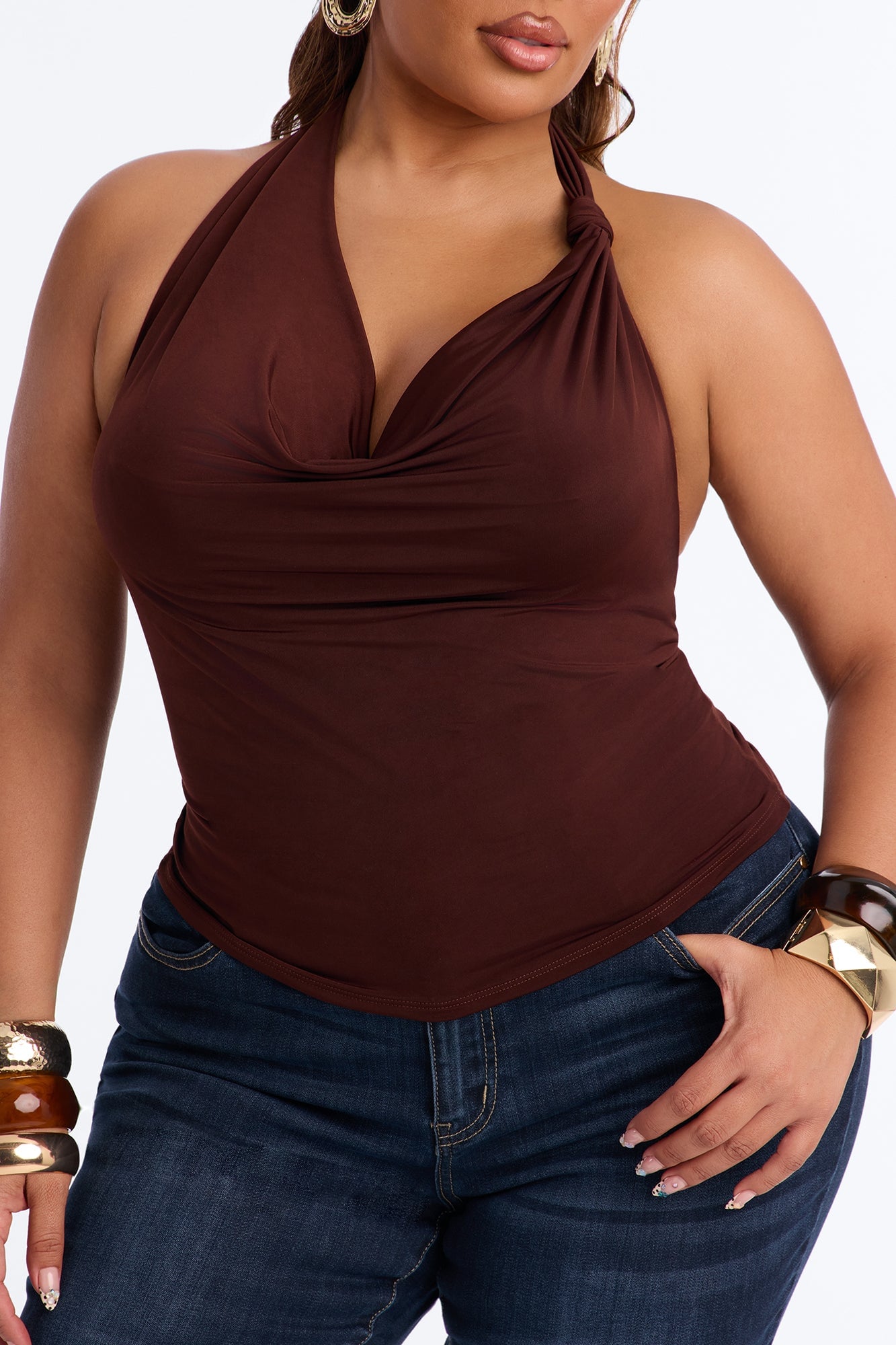 Golden Hour Cowl Neck Knot Halter Top - Brown image 3