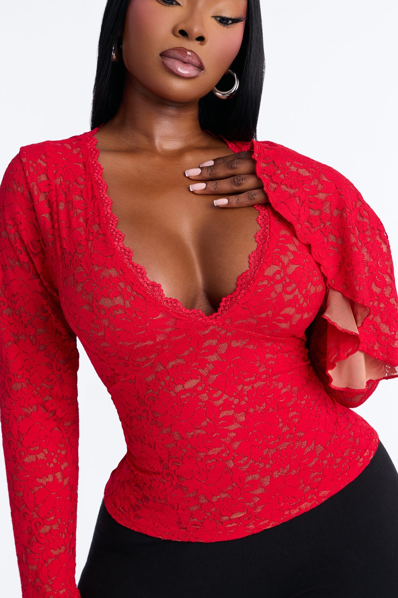 Long Time Lover Ruffle Long Sleeve Top - Red image 3