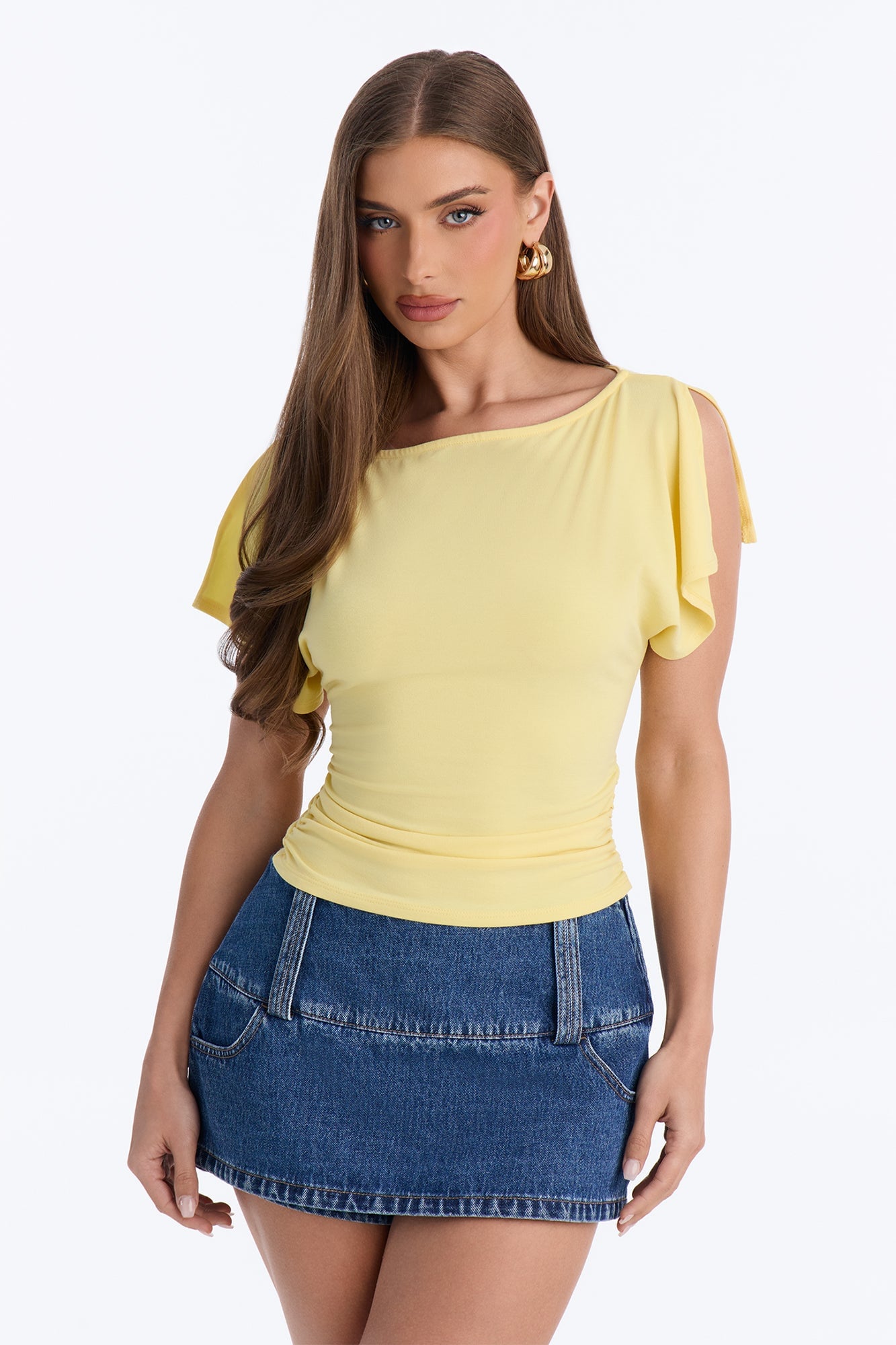 Juliette Ruched Split Short Sleeve Top - Butter Yellow image 5
