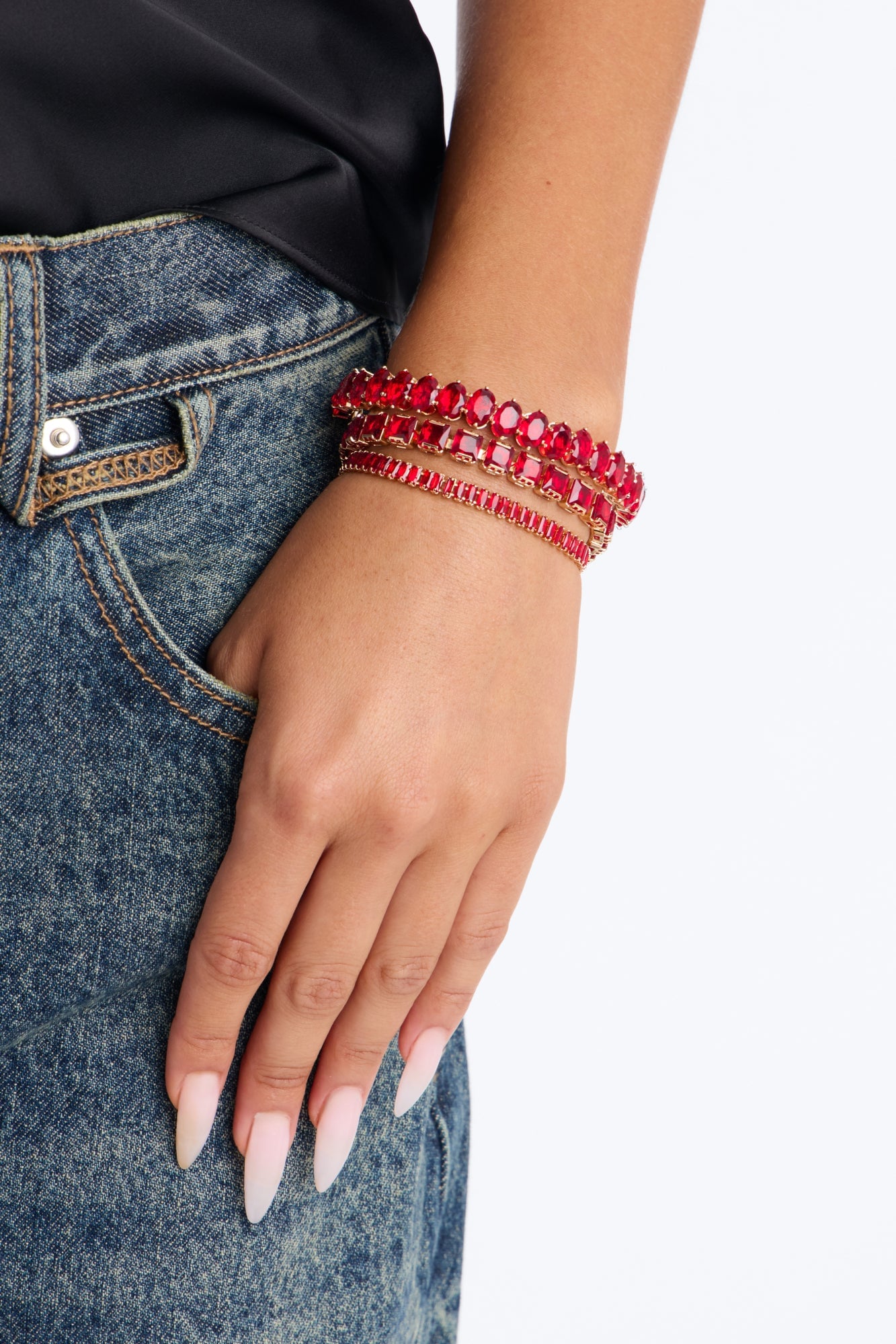 Always Shining Bright Rhinestone Bracelet Set - Gold/Red image 2