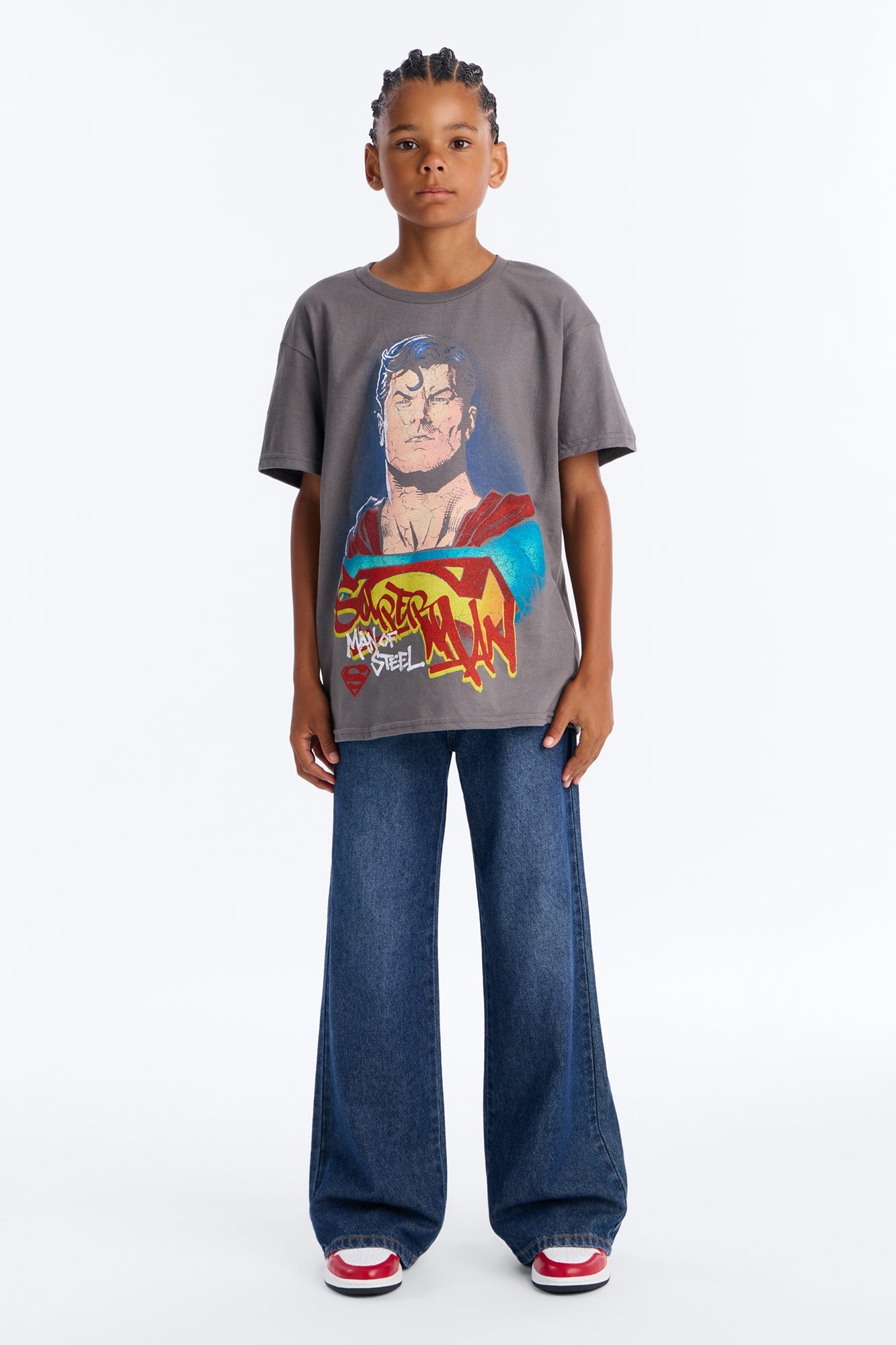 Mini Superman Man Of Steel Vintage Heavy Weight Distressed Short Sleeve Tee - Charcoal image 2