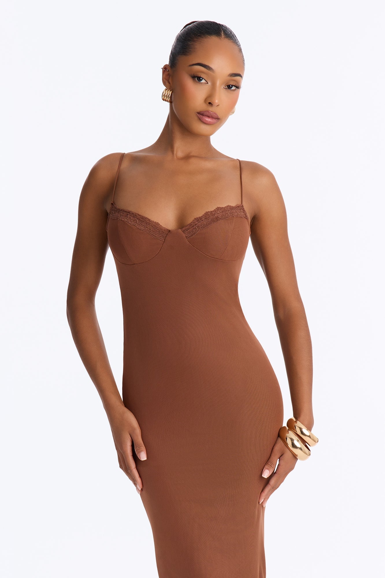 Lynn Lace Trim Mesh Midi Dress - Brown image 2