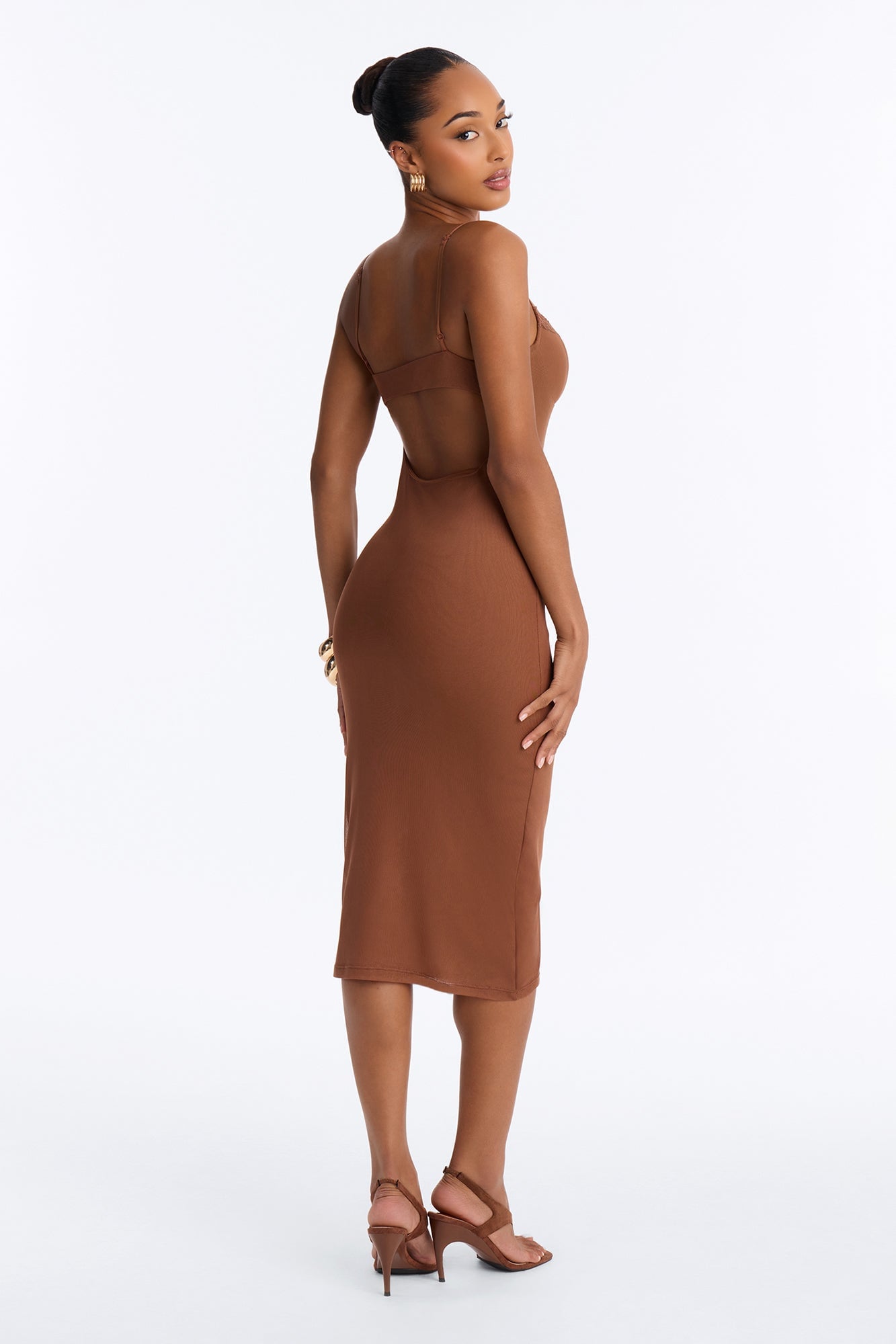 Lynn Lace Trim Mesh Midi Dress - Brown image 3