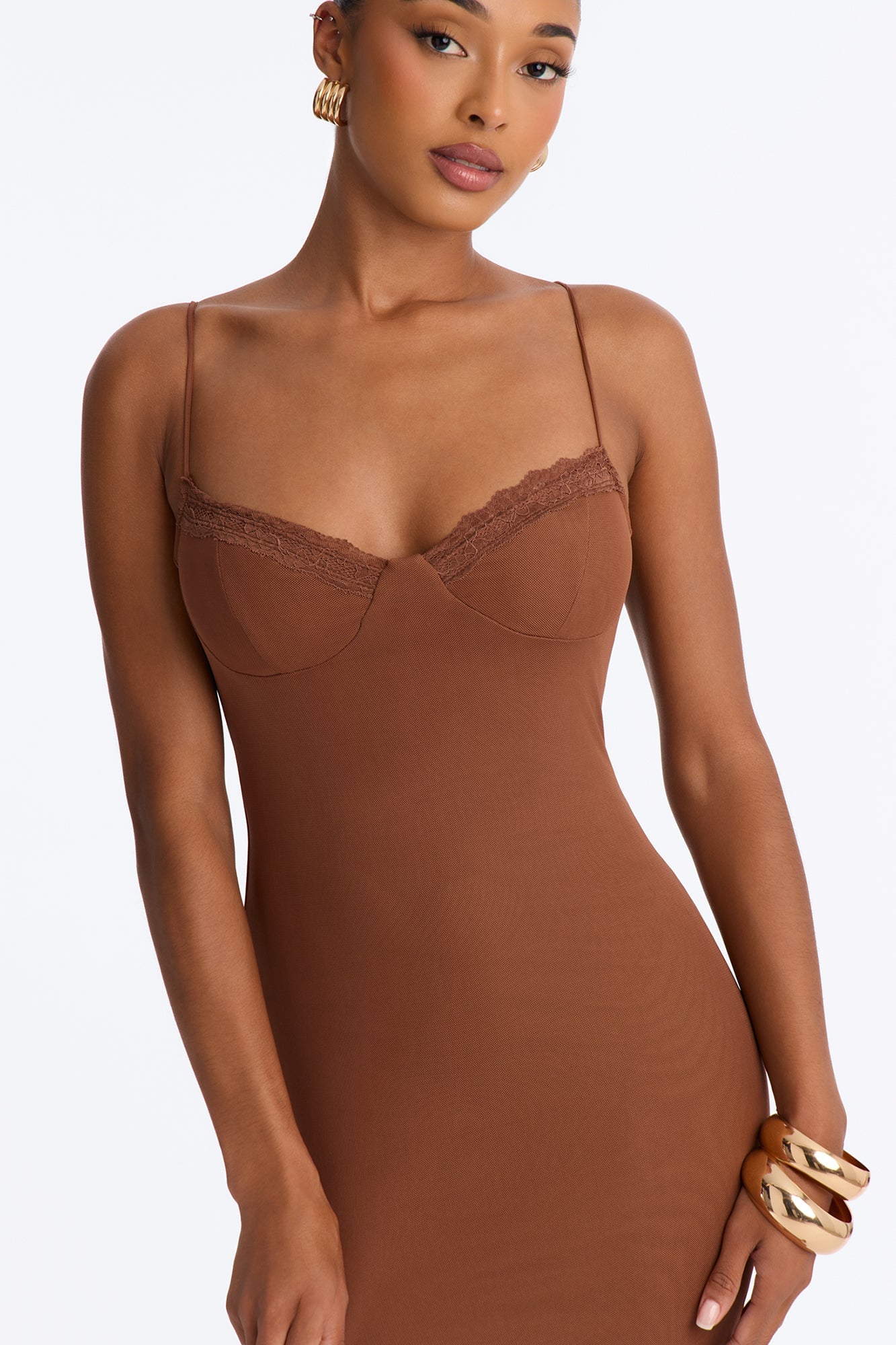 Lynn Lace Trim Mesh Midi Dress - Brown image 4