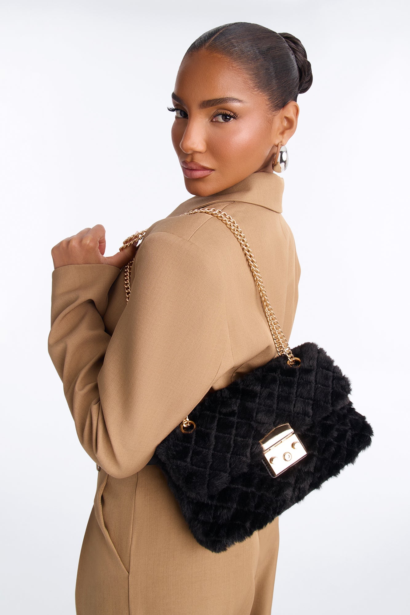 Easy Weather Faux Fur Shoulder Handbag - Black image 2