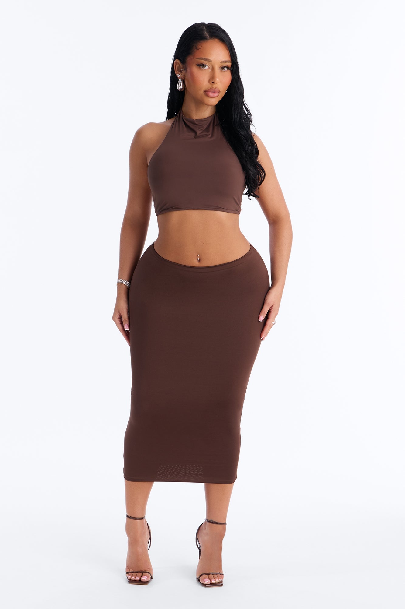 Second Skin Padded Backless Mock Neck Halter Top - Chocolate image 6