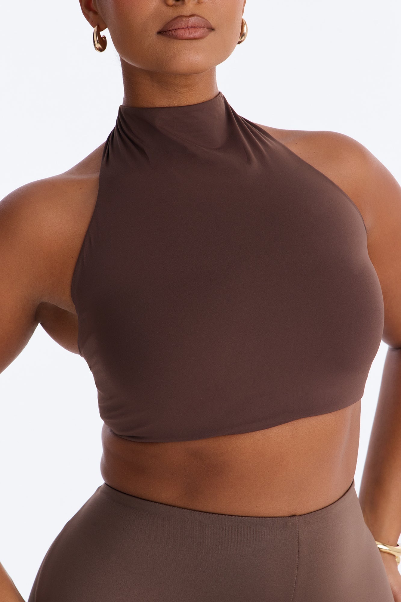 Second Skin Padded Backless Mock Neck Halter Top - Chocolate image 3