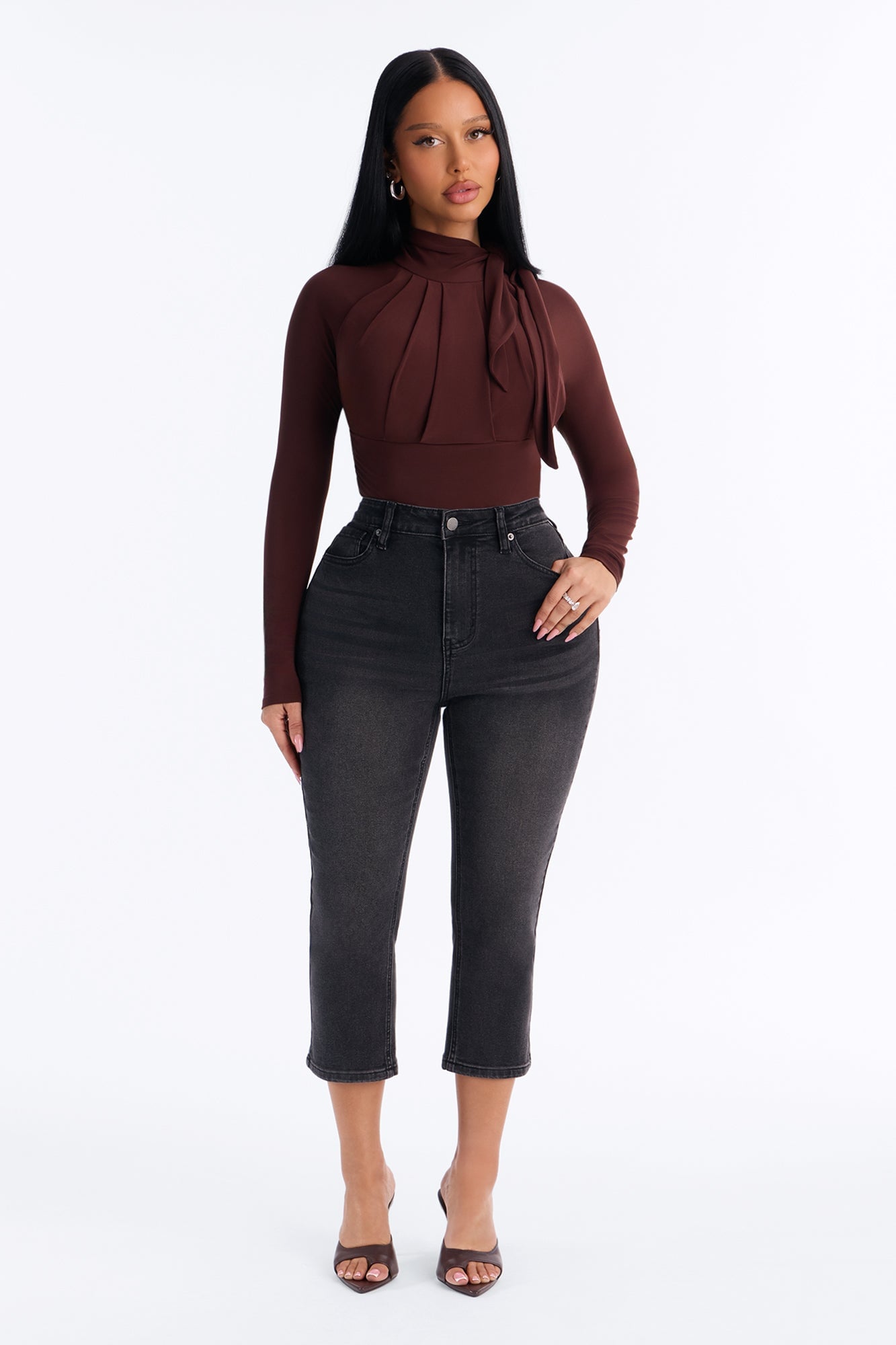 City Dreams Tie Neck Long Sleeve Bodysuit - Chocolate image 7