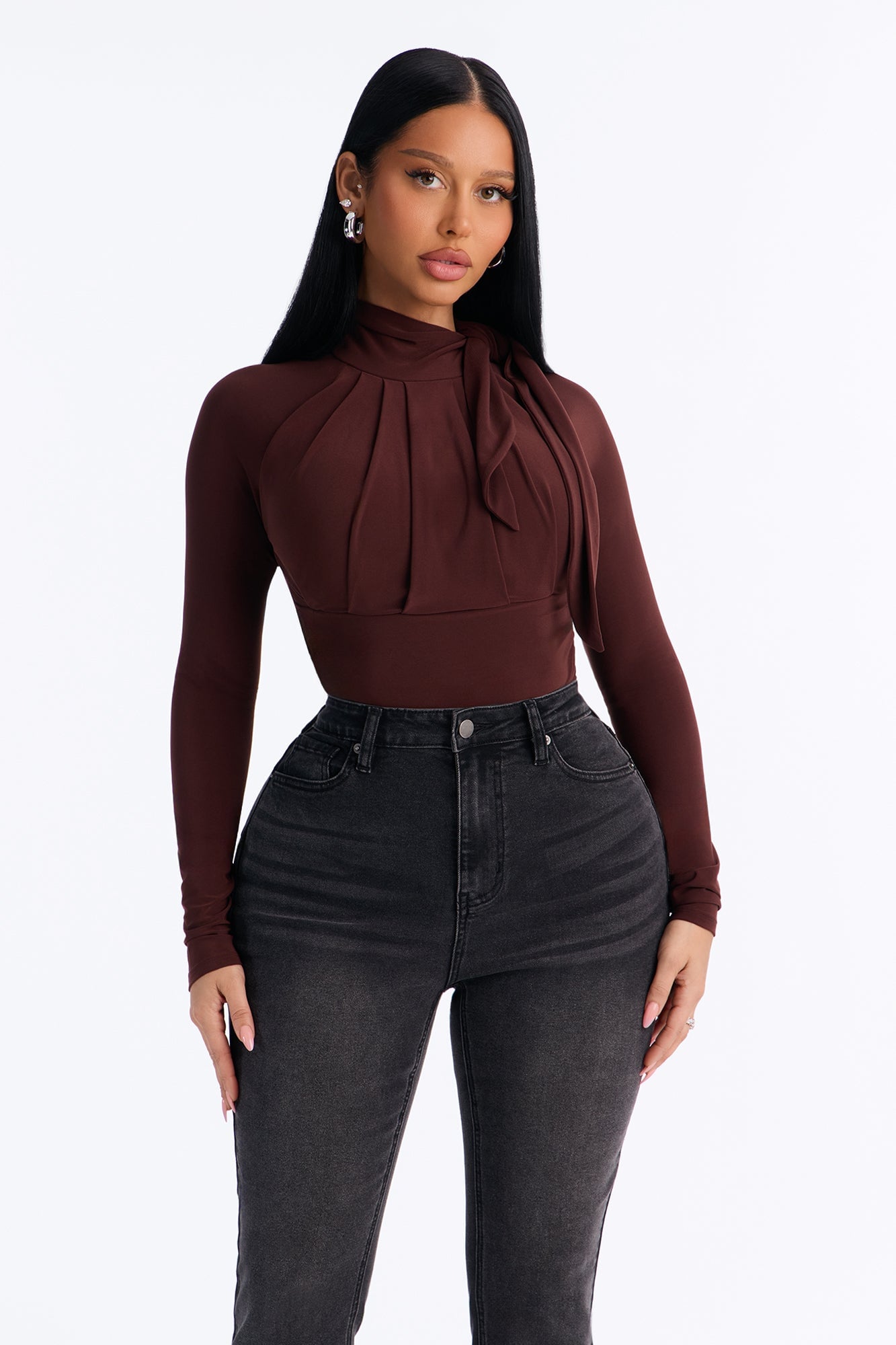 City Dreams Tie Neck Long Sleeve Bodysuit - Chocolate image 8