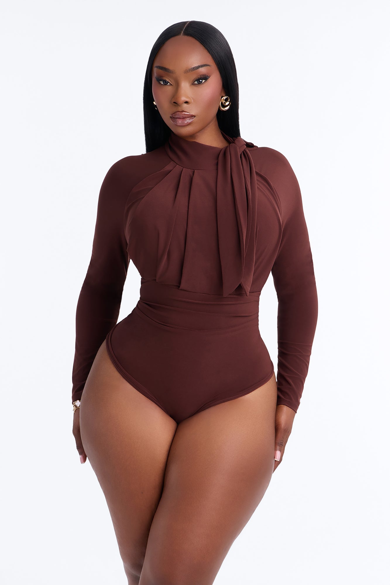 City Dreams Tie Neck Long Sleeve Bodysuit - Chocolate image 1