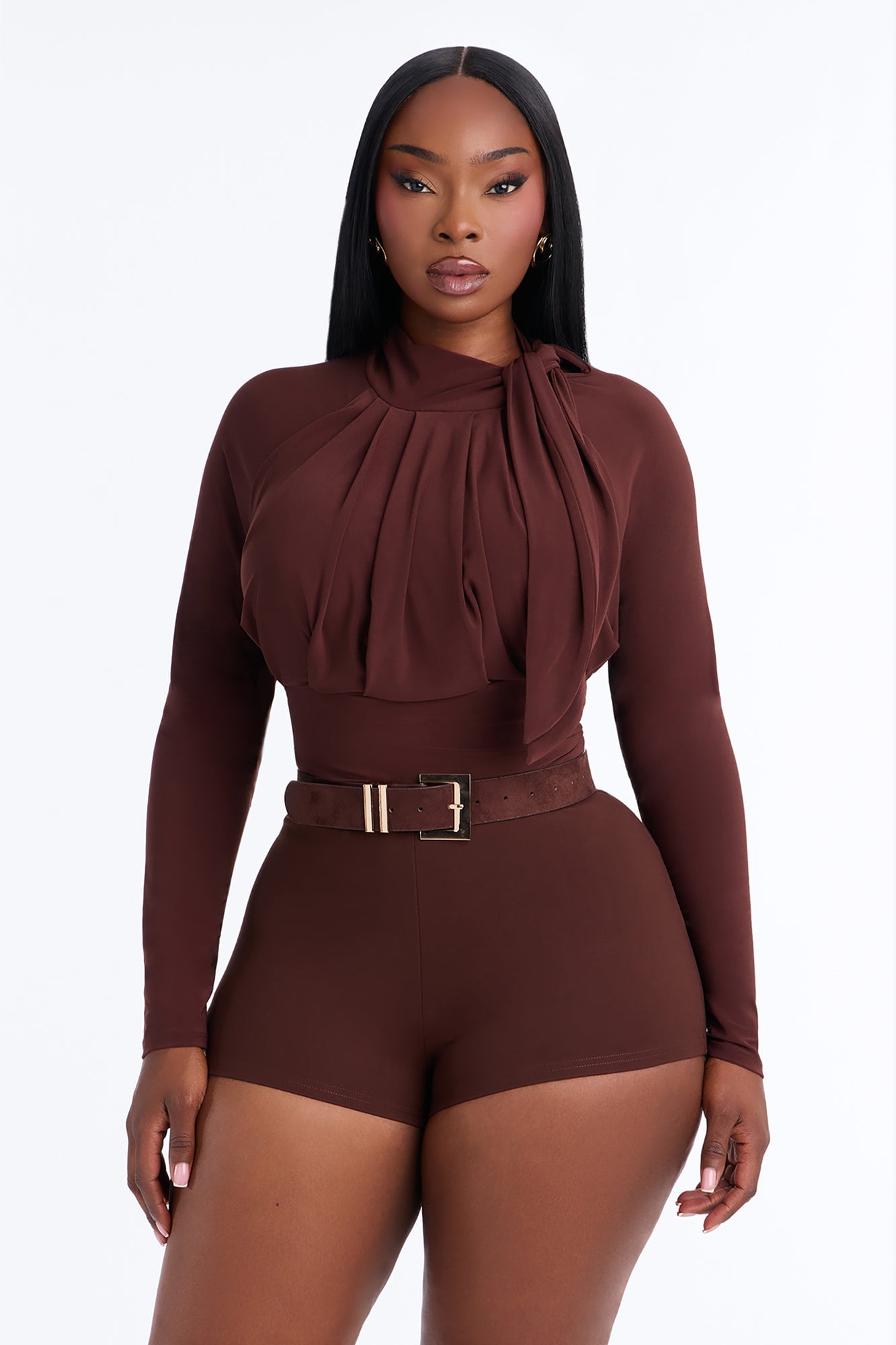 City Dreams Tie Neck Long Sleeve Bodysuit - Chocolate image 2