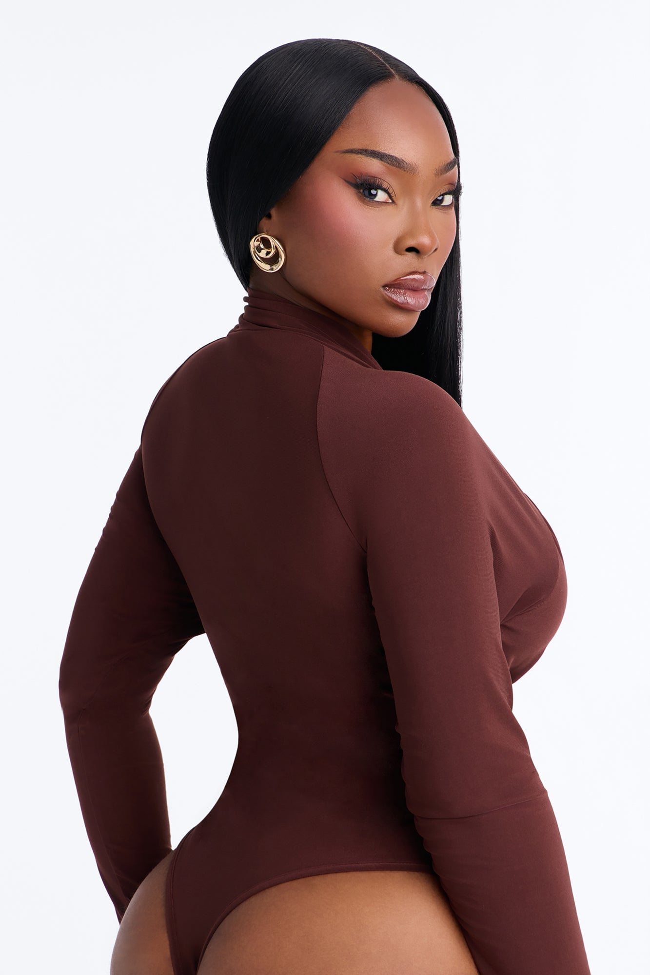 City Dreams Tie Neck Long Sleeve Bodysuit - Chocolate image 4