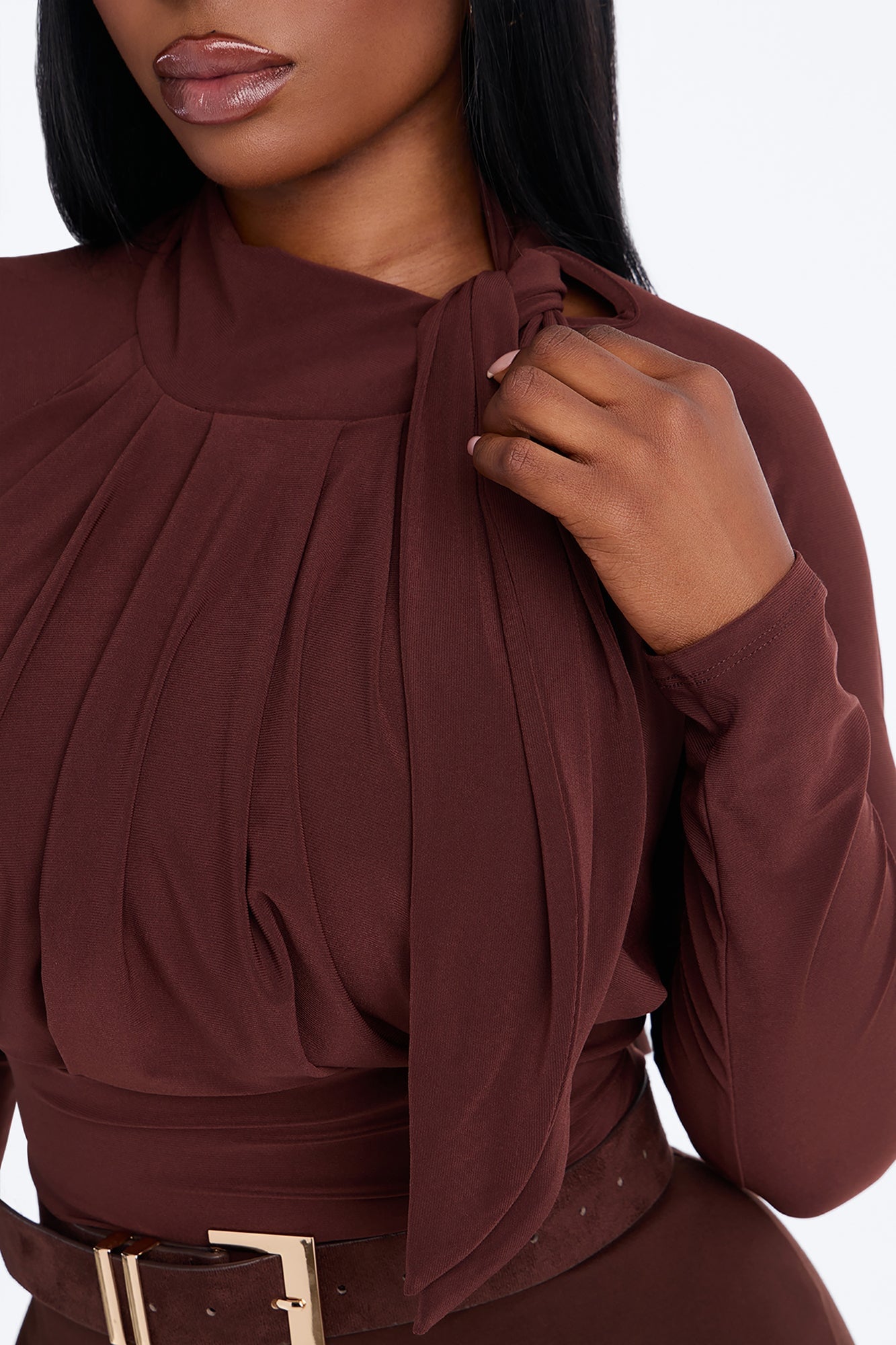 City Dreams Tie Neck Long Sleeve Bodysuit - Chocolate image 5