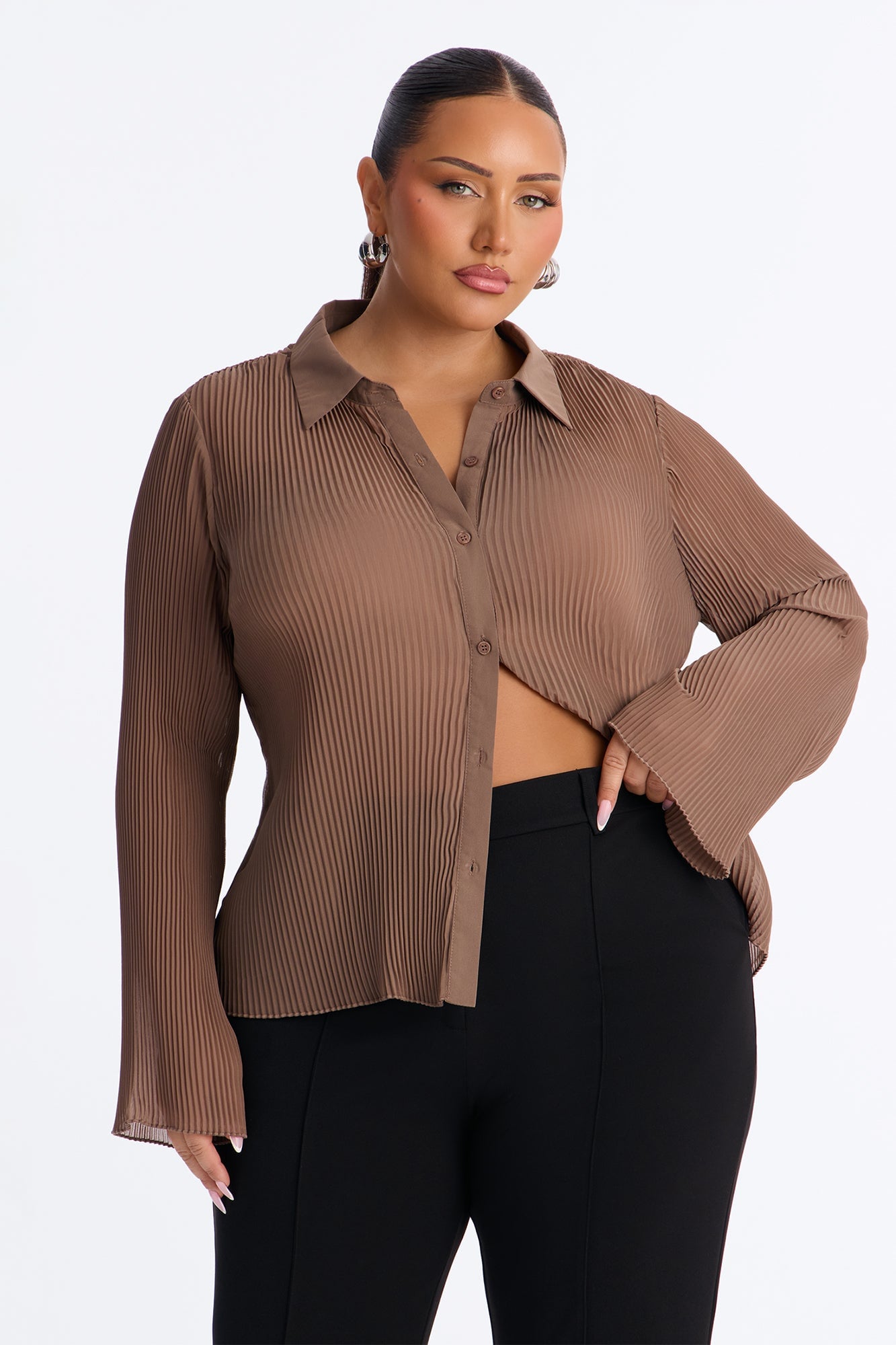 Taking Calls Plisse Chiffon Blouse - Mocha image 1