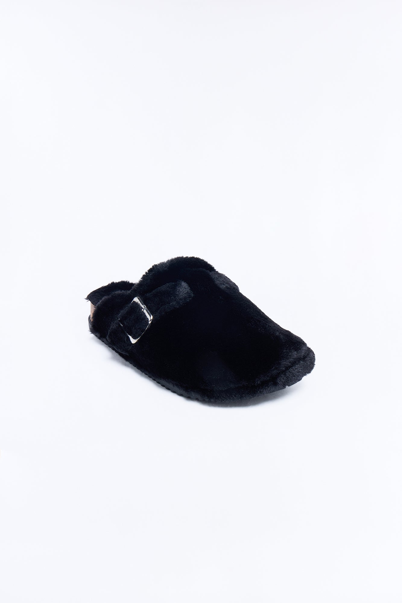 Mocha Buckle Faux Fur Slides - Black image 4