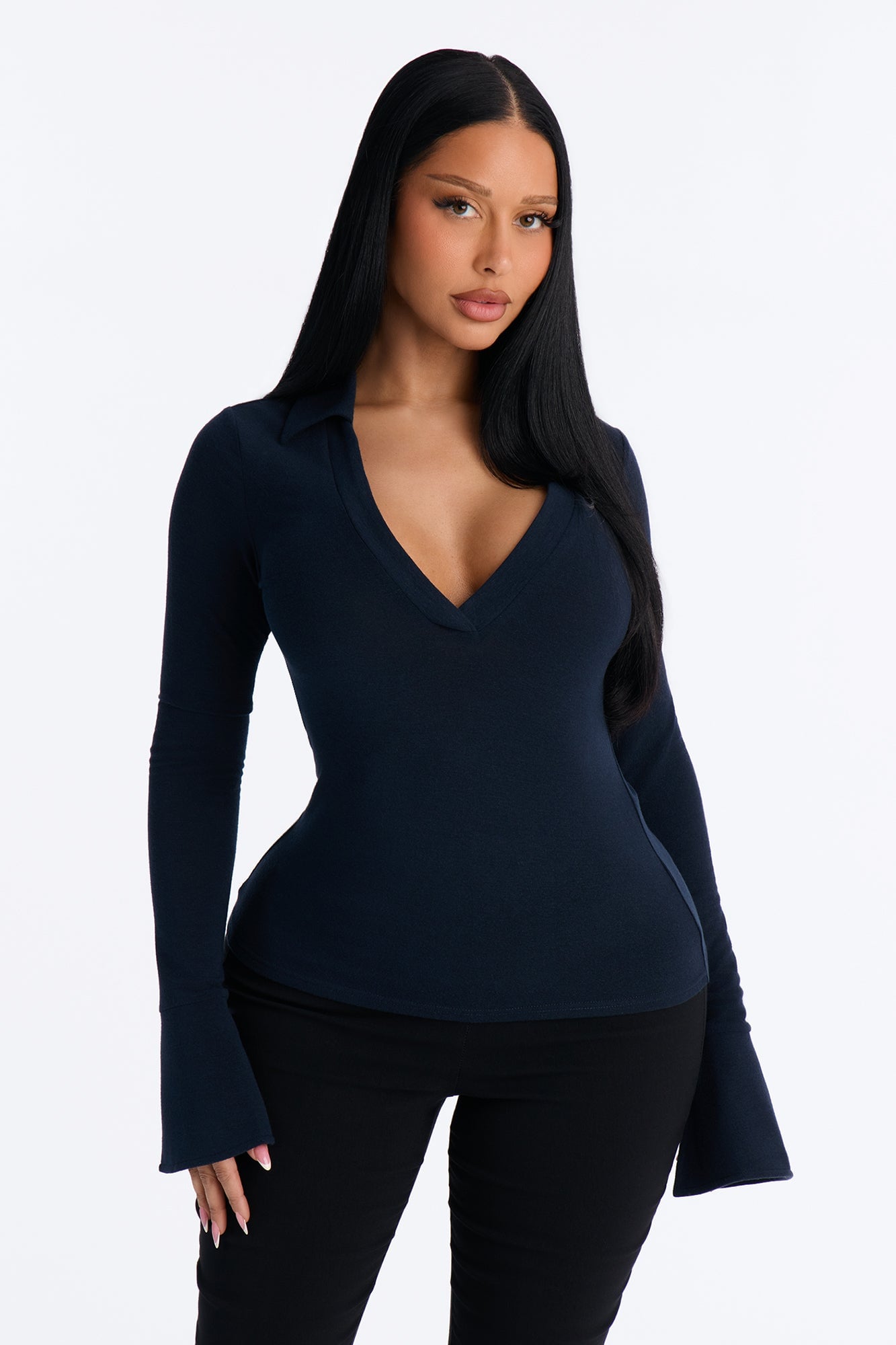 She's Focused Long Sleeve Collared Top - Navy image 5