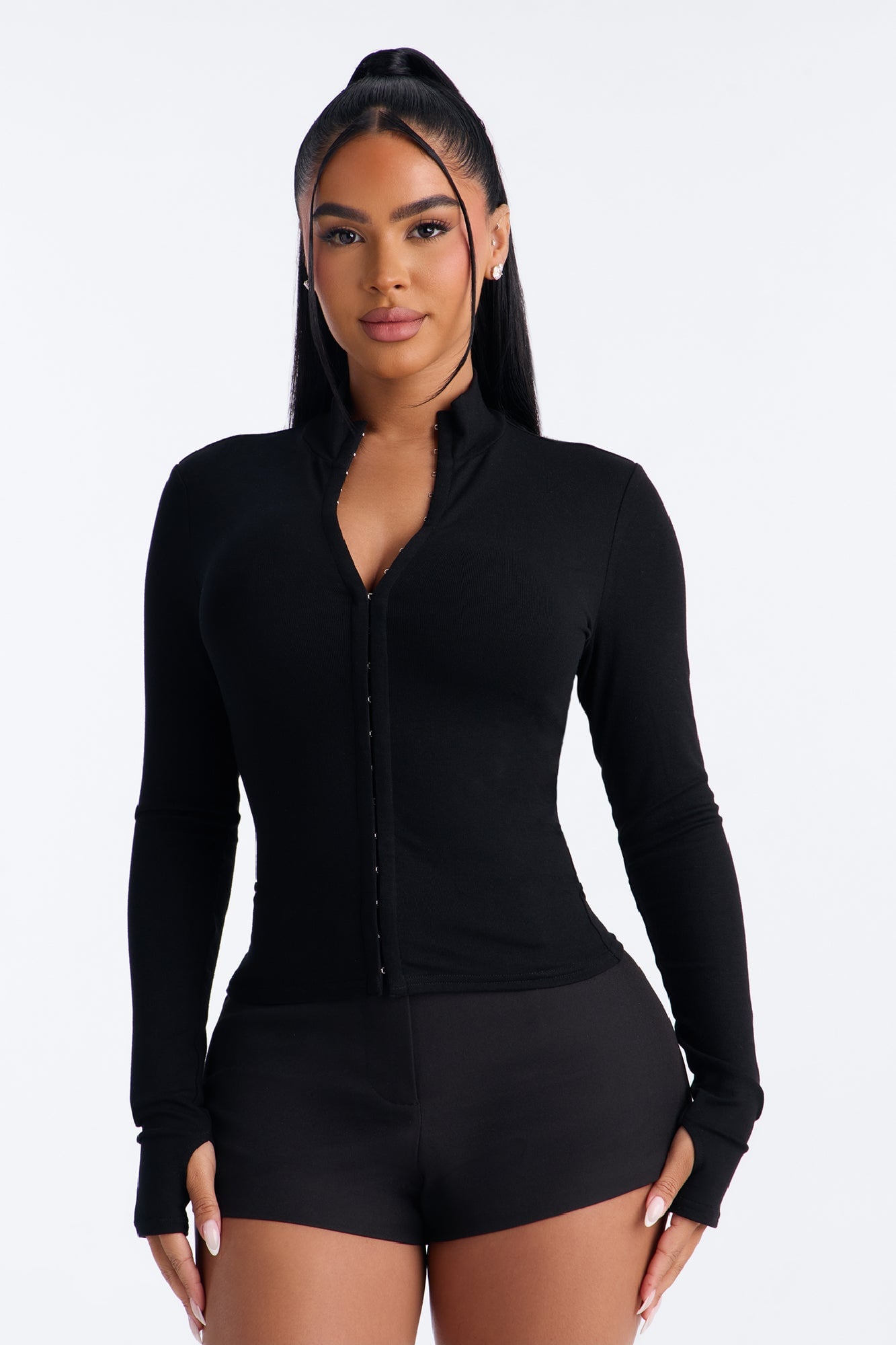 Nataly Hook And Eye Mock Neck Long Sleeve Top - Black image 5