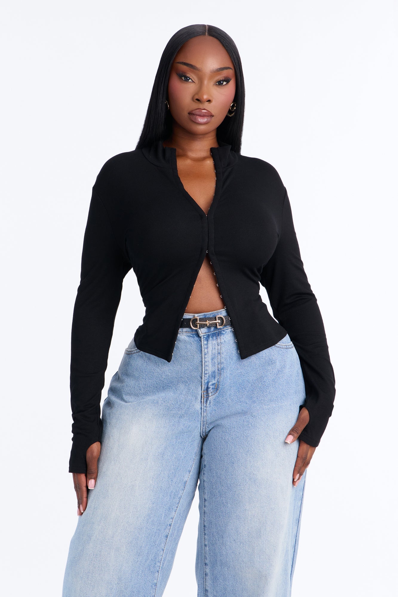 Nataly Hook And Eye Mock Neck Long Sleeve Top - Black image 1