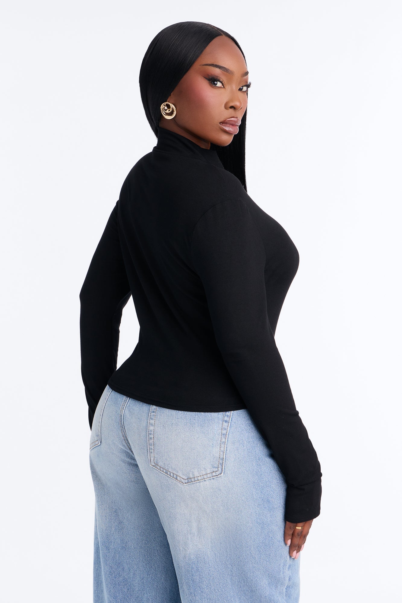 Nataly Hook And Eye Mock Neck Long Sleeve Top - Black image 3