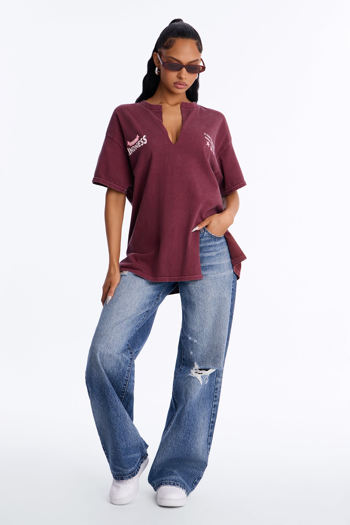 Pure Intentions Notch Neck Washed Tee - Burgundy image 7