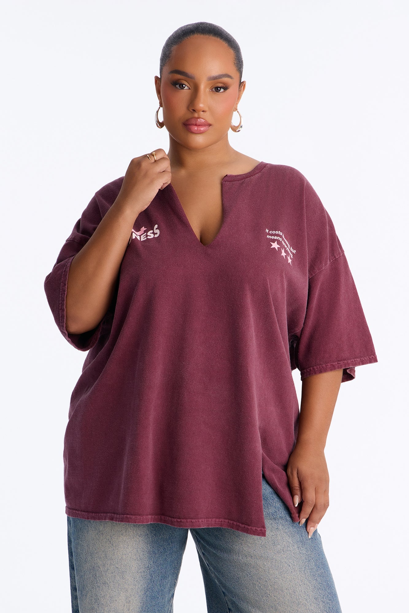 Pure Intentions Notch Neck Washed Tee - Burgundy image 1