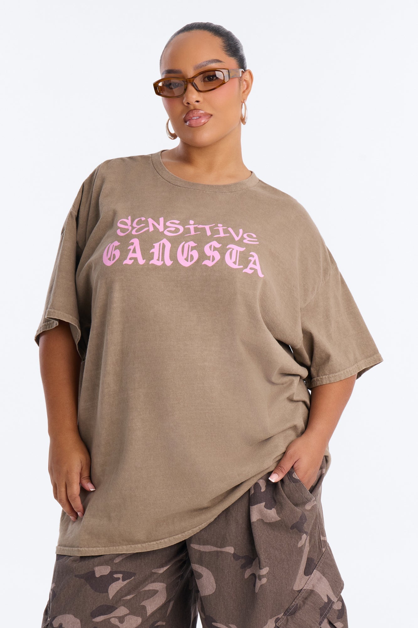 Sensitive Gangsta Washed Oversized Tee - Brown image 1