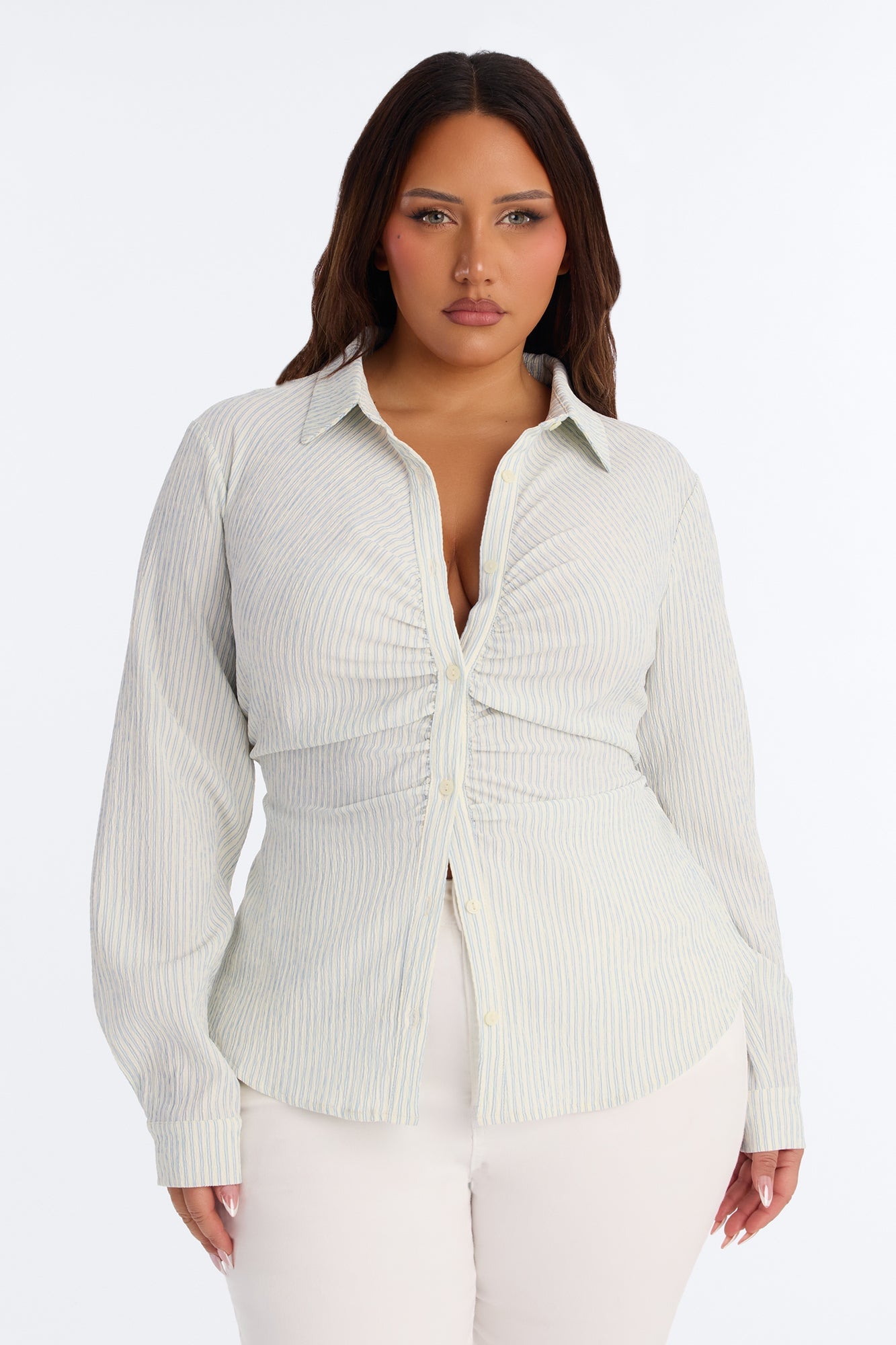 Minimal Effort Ruched Pinstripe Gauze Shirt - Blue/combo image 1