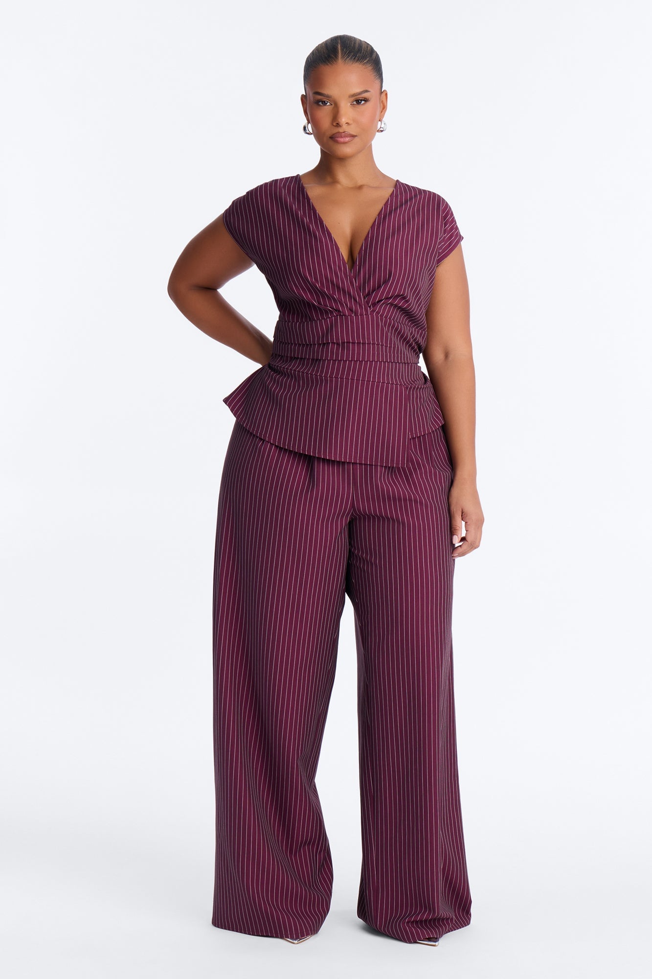 Locked In Pinstripe Pant Set - Wine image 1