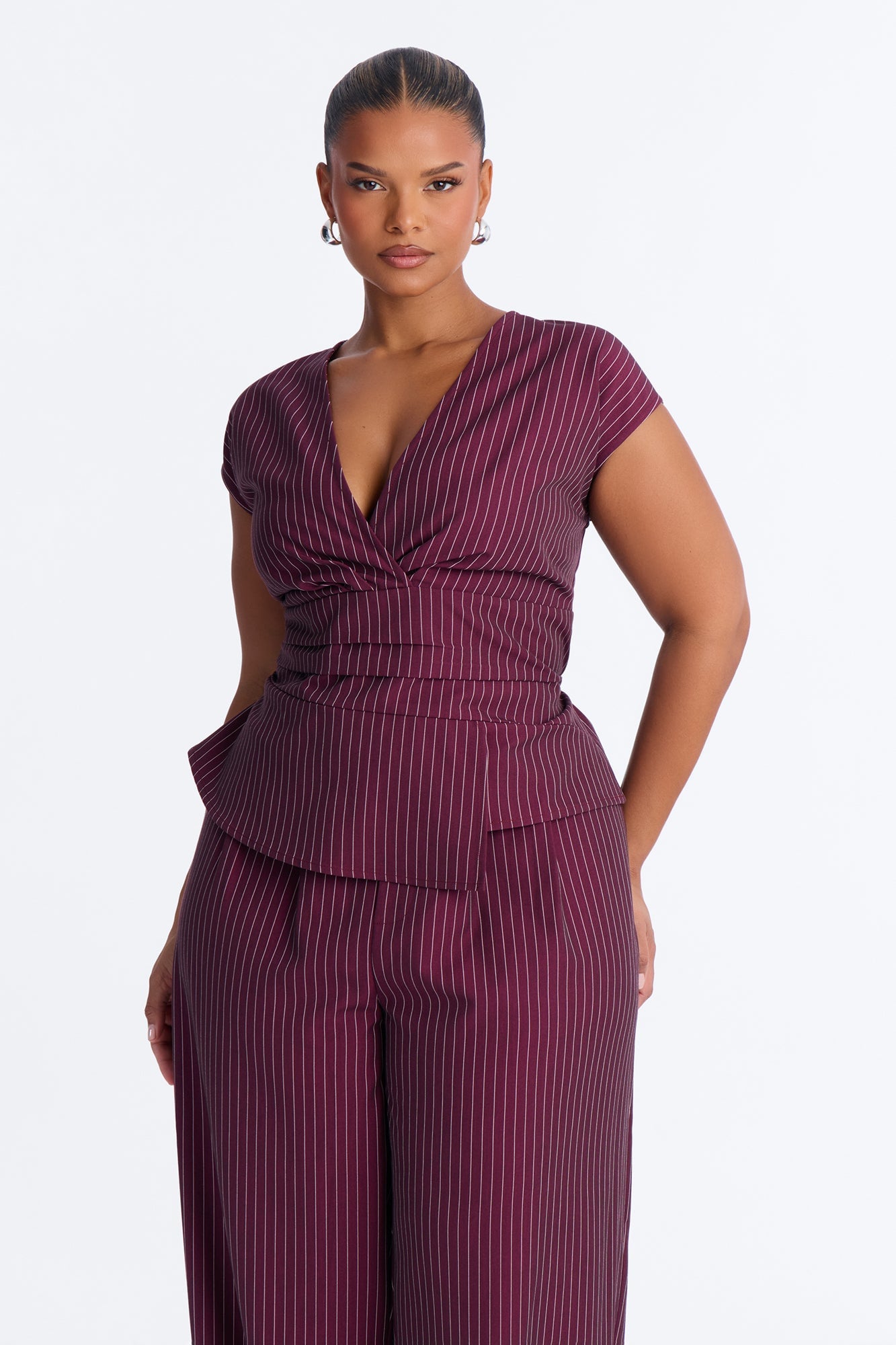 Locked In Pinstripe Pant Set - Wine image 2