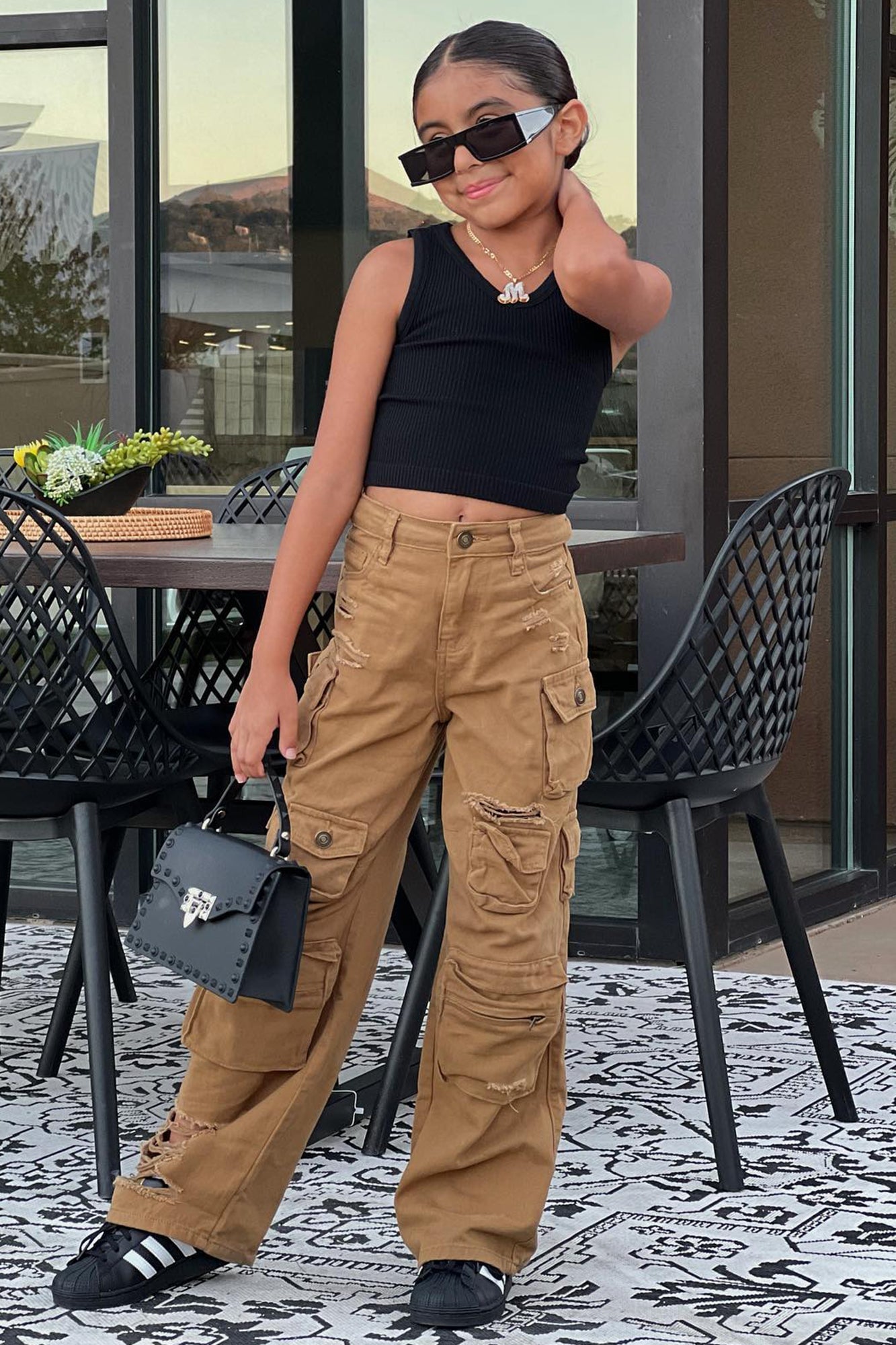 Mini Lily High Rise Distressed Cargo Jeans - Camel image 2