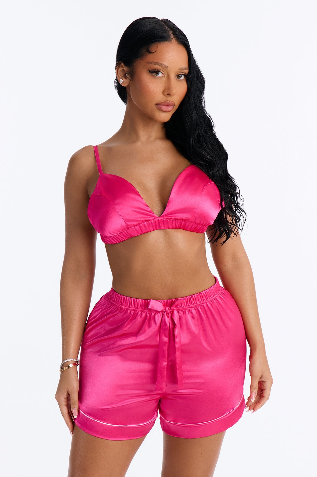 Sleeping In Late Satin 3 Piece PJ Bralette Short Set - Hot Pink image 7