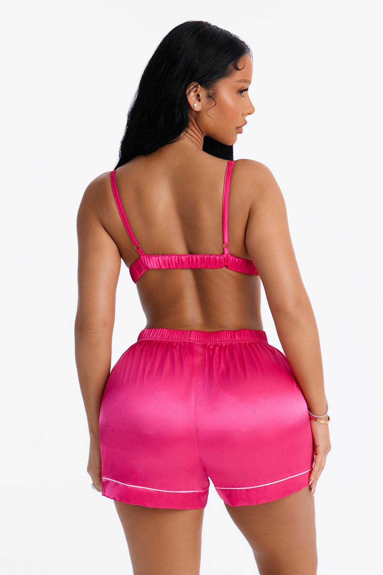Sleeping In Late Satin 3 Piece PJ Bralette Short Set - Hot Pink image 8