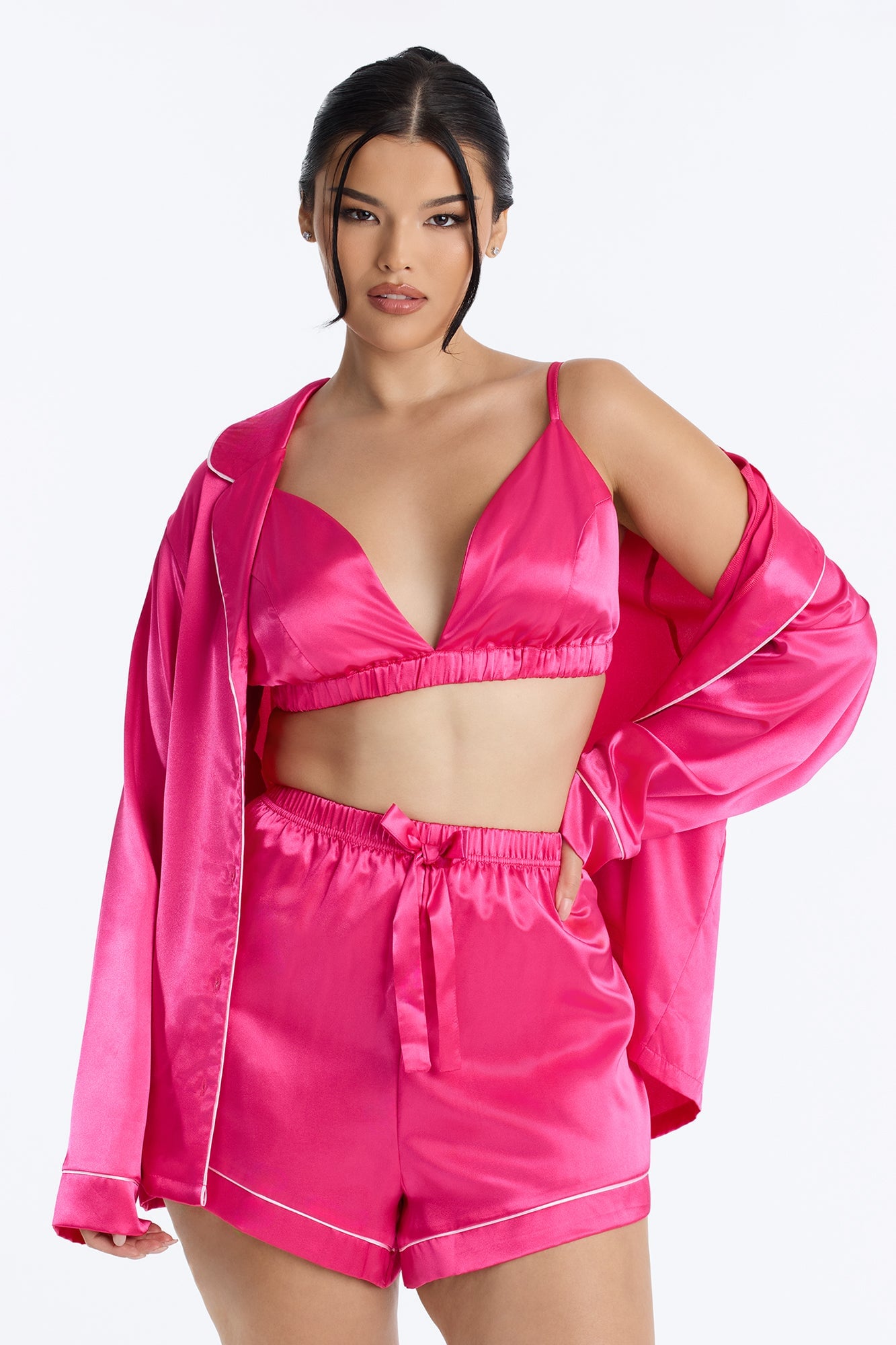 Sleeping In Late Satin 3 Piece PJ Bralette Short Set - Hot Pink image 1