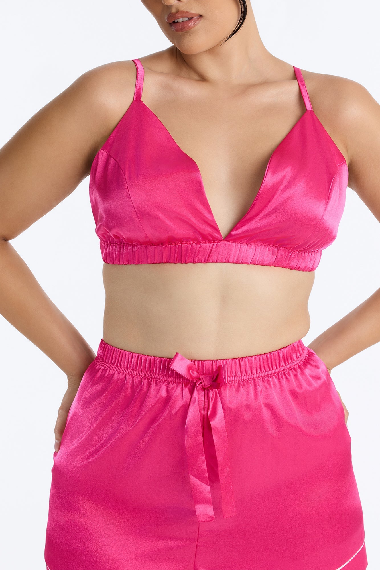 Sleeping In Late Satin 3 Piece PJ Bralette Short Set - Hot Pink image 2
