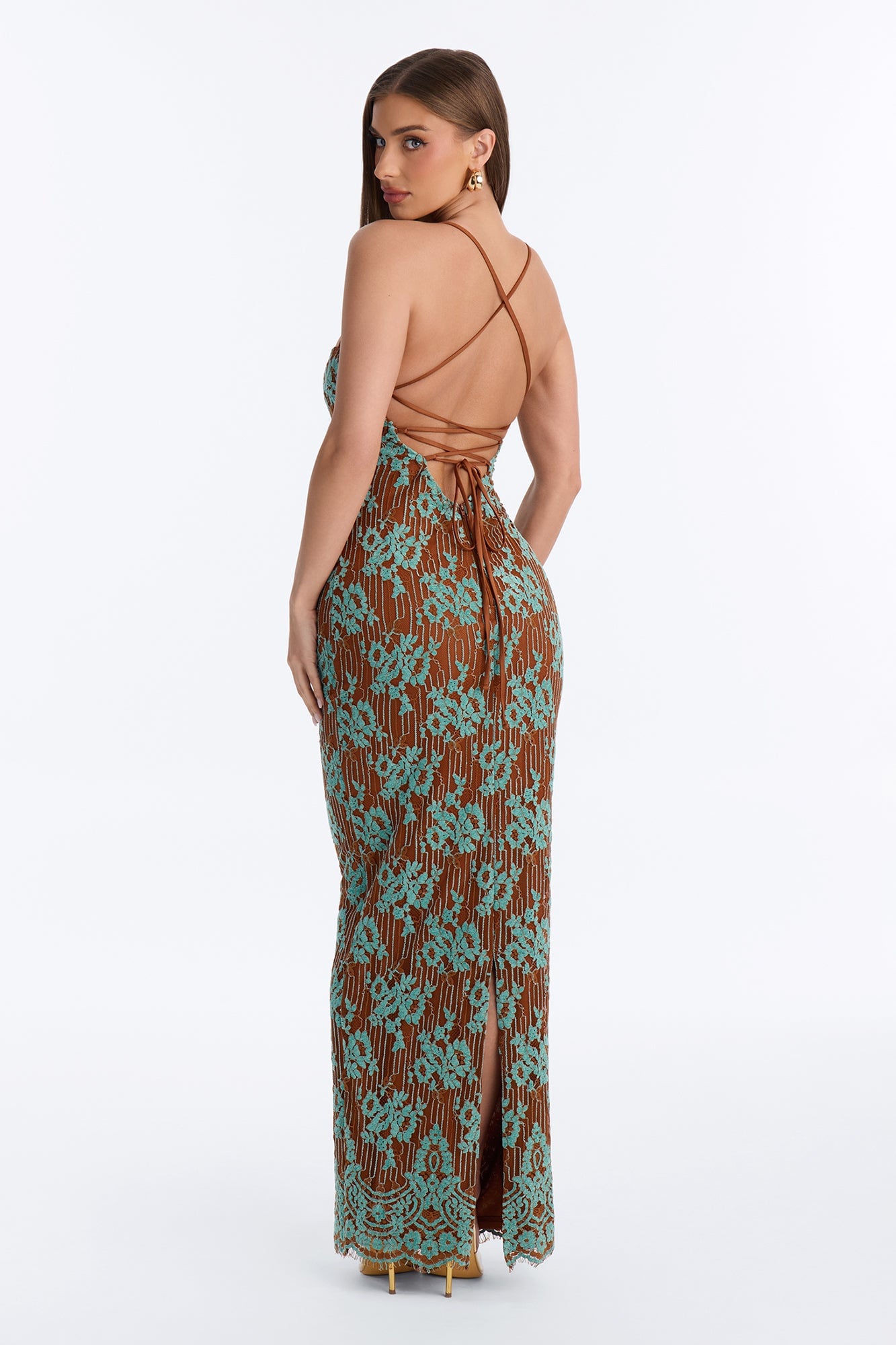 Hannah Flocked Lace Maxi Dress - Brown/combo image 3
