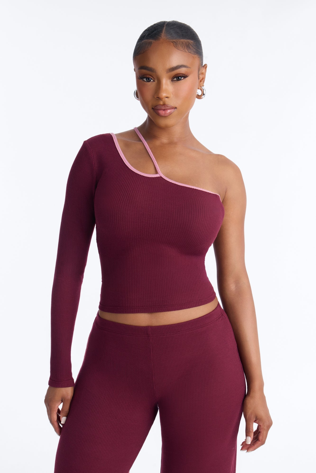 Holly Contrast Waffle Knit Pant Set - Burgundy/combo image 2