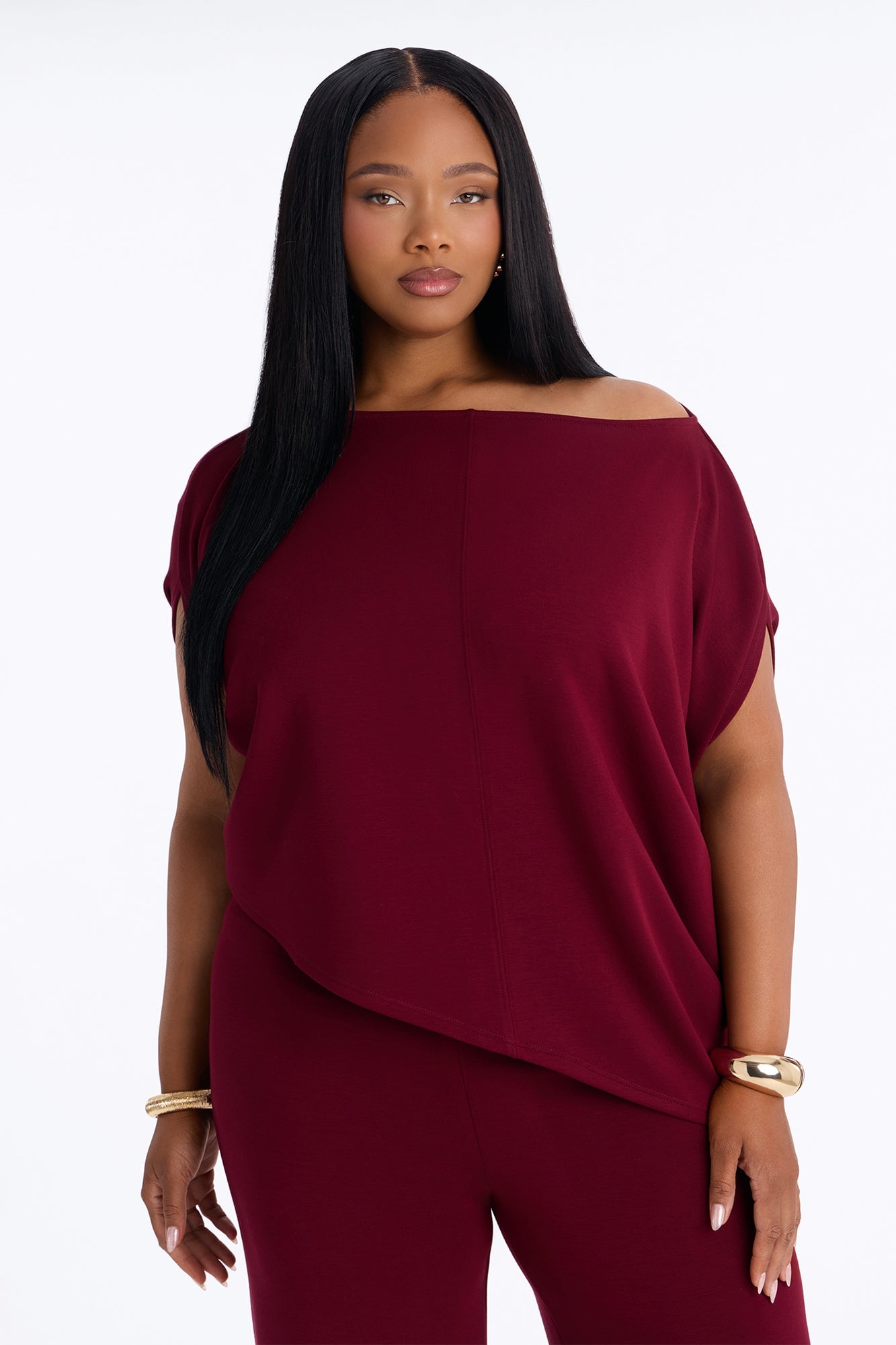 Alina One Shoulder Scuba Pant Set - Wine image 2